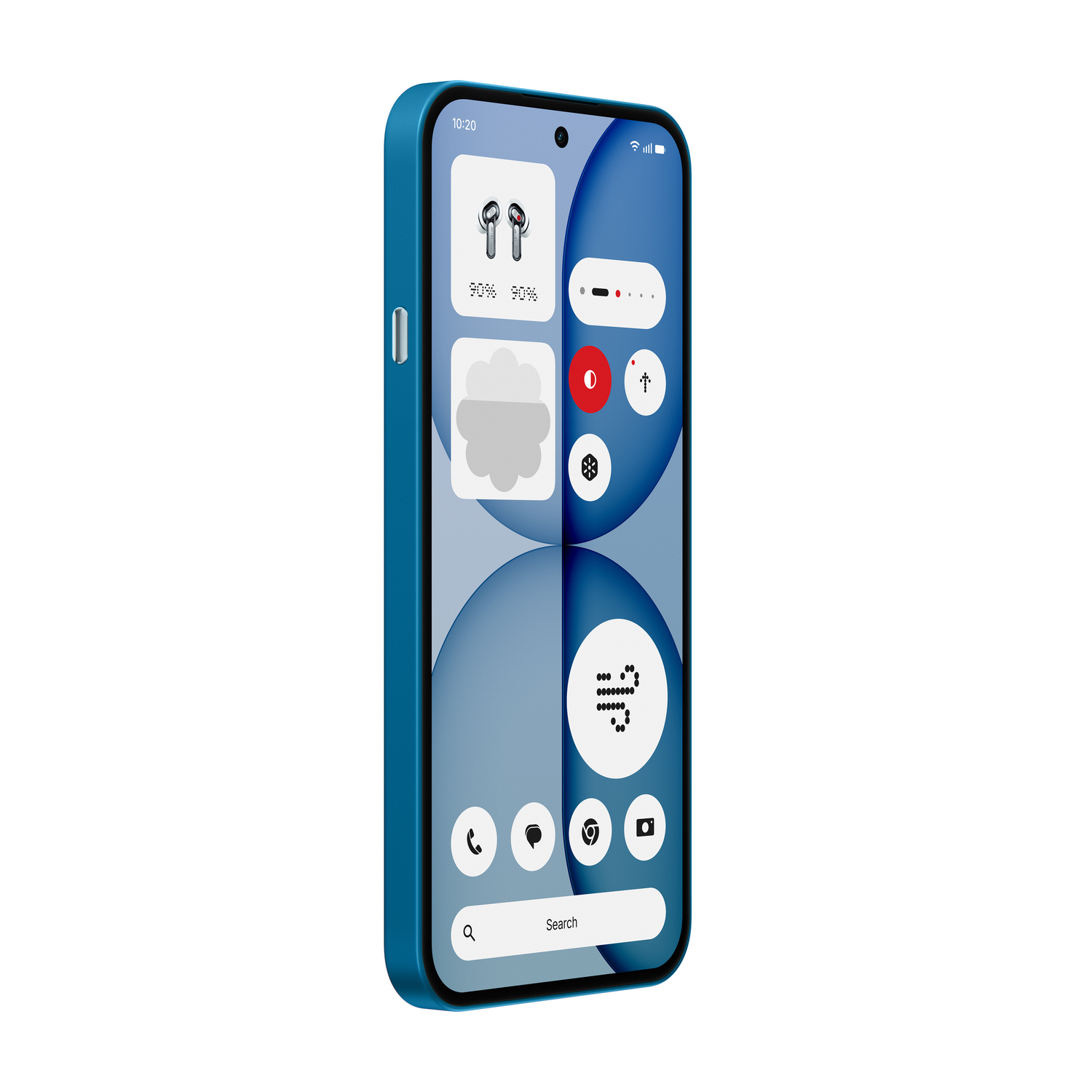 Un smartphone azul muestra widgets, auriculares y un gráfico del tiempo.