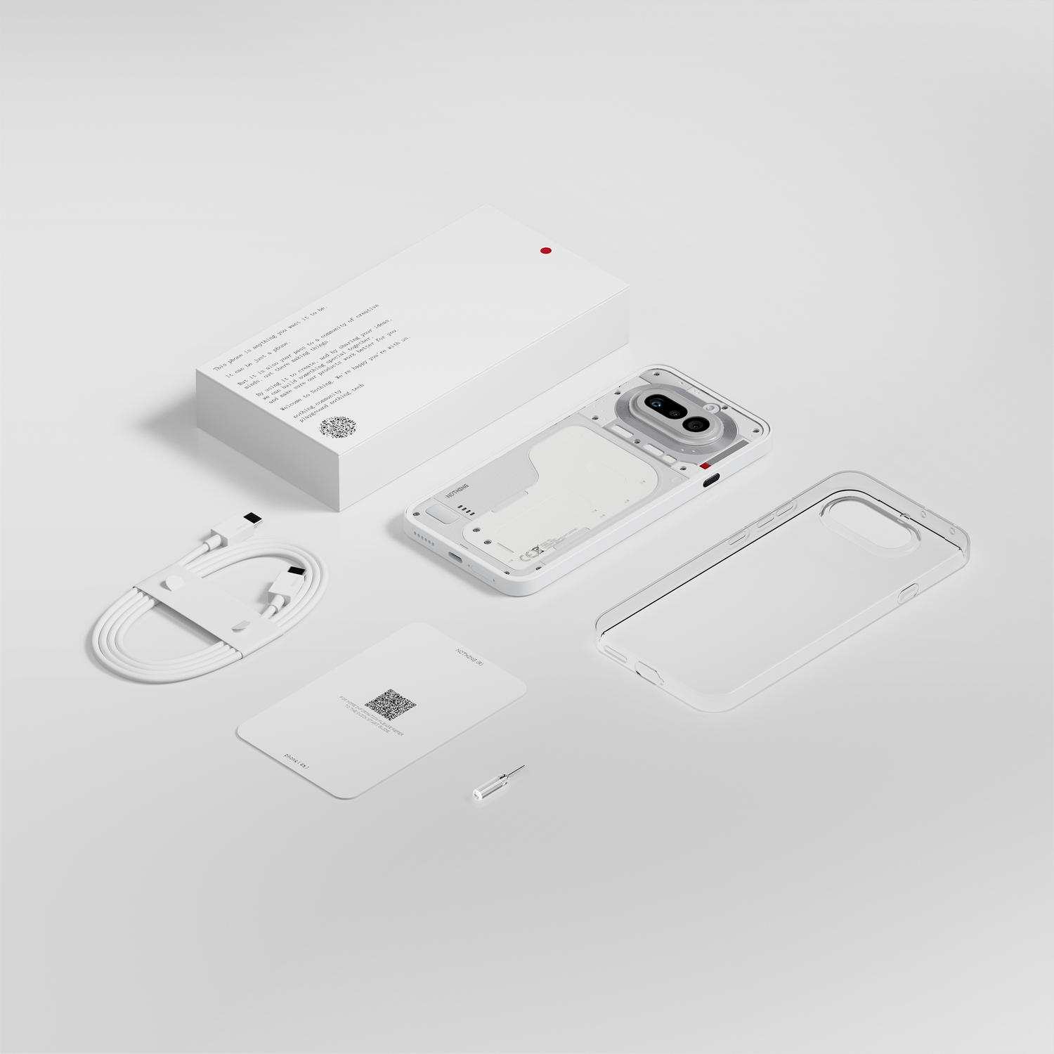 Un smartphone, cable de carga, funda, manual y herramienta SIM sobre fondo blanco.