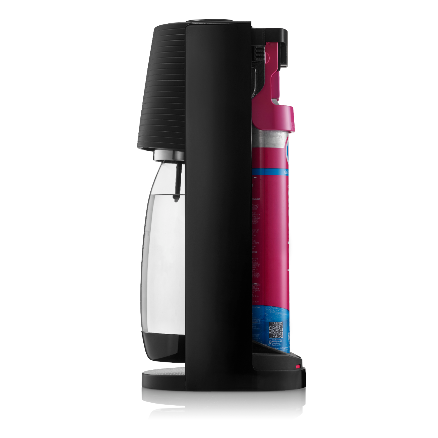 Carbonatador de agua negro con botella transparente y cilindro de CO2 rosa.