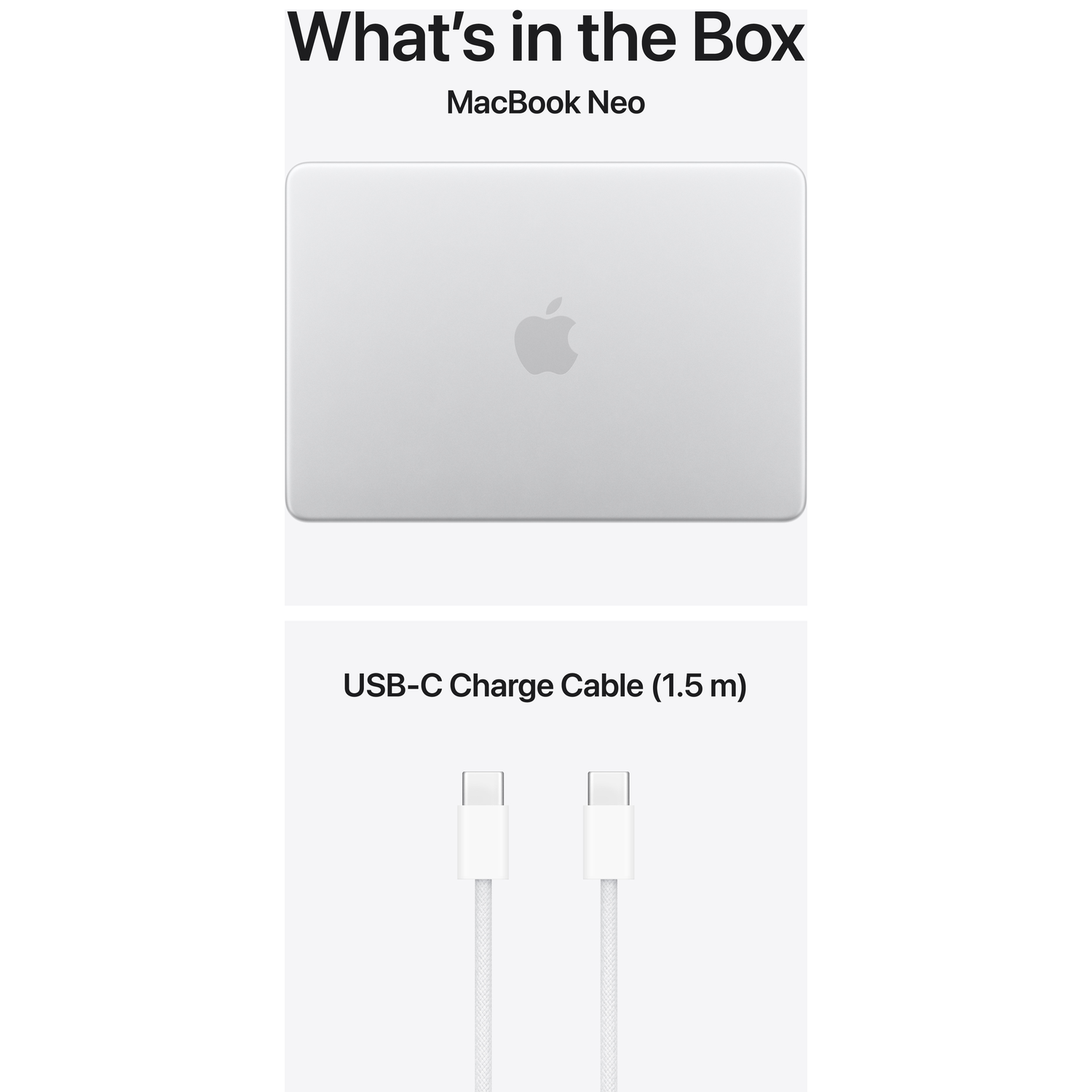 A silver MacBook Neo and a white USB-C charge cable.