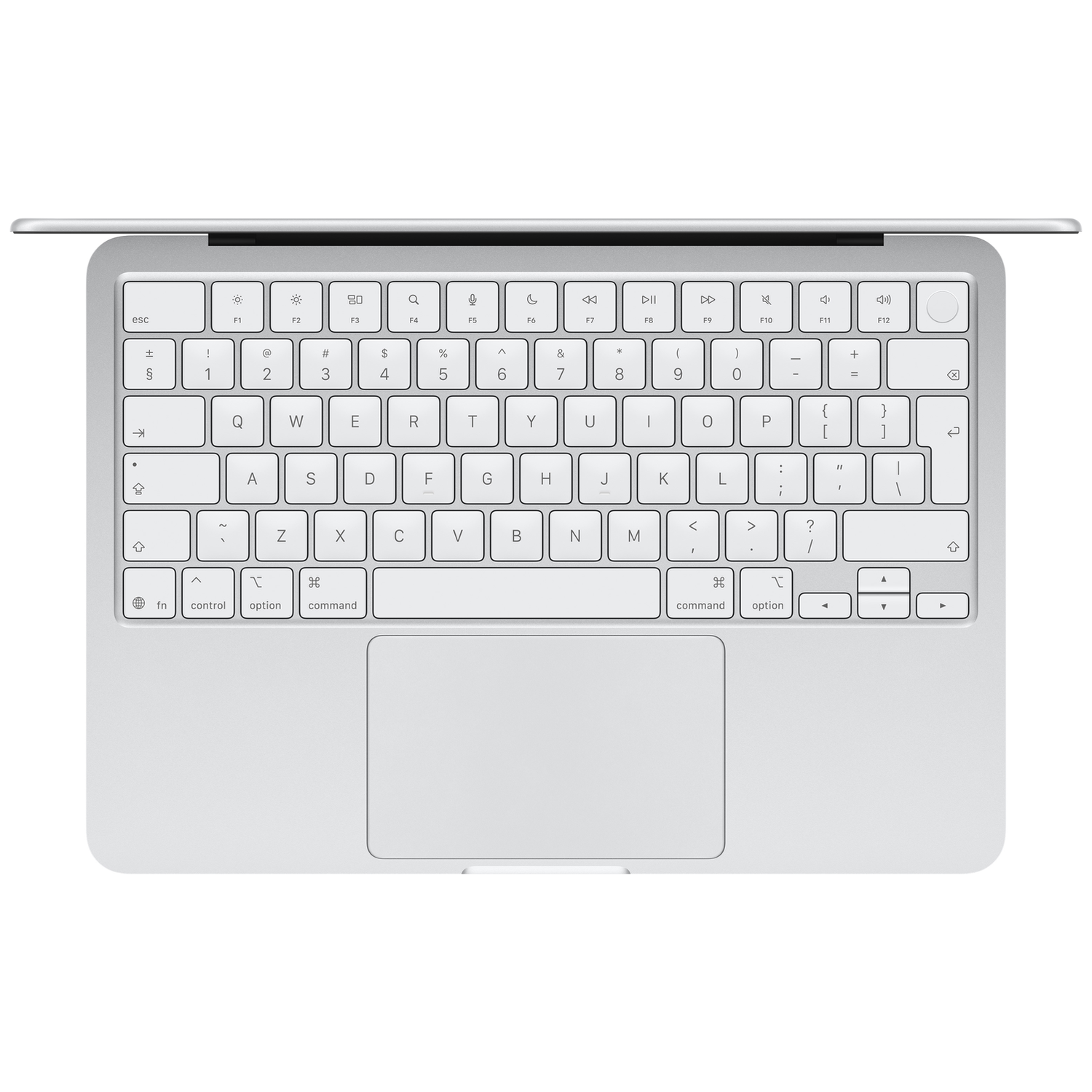 Silver laptop keyboard and trackpad with white keys.