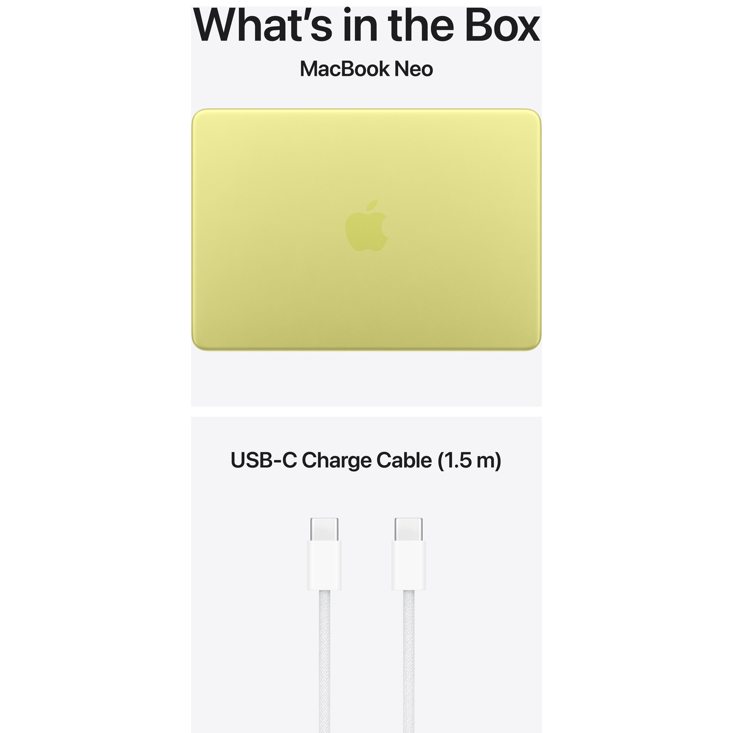 A yellow MacBook Neo and a white USB-C charge cable.