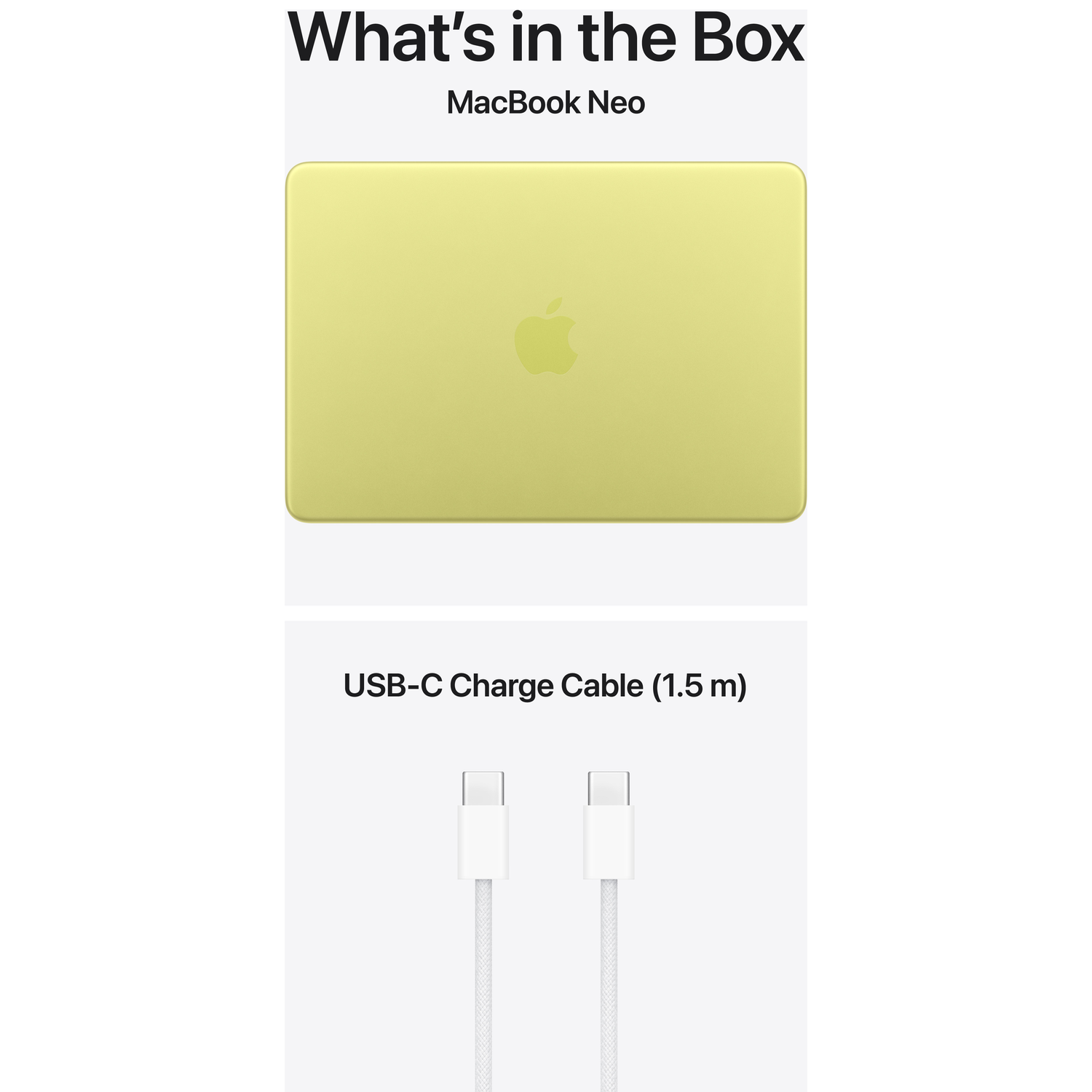A yellow MacBook Neo and a white USB-C charge cable.
