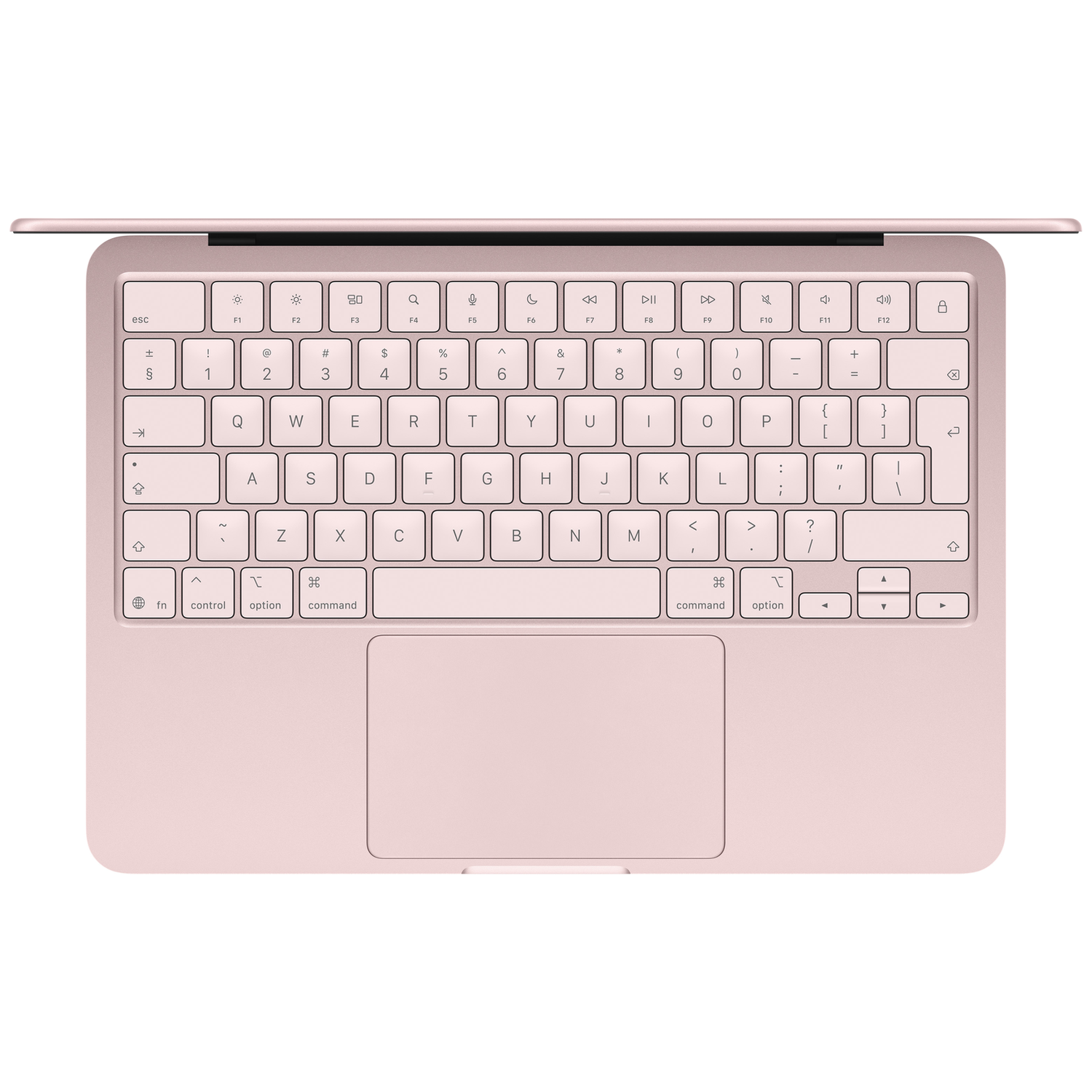 A pink laptop with its keyboard and trackpad visible.
