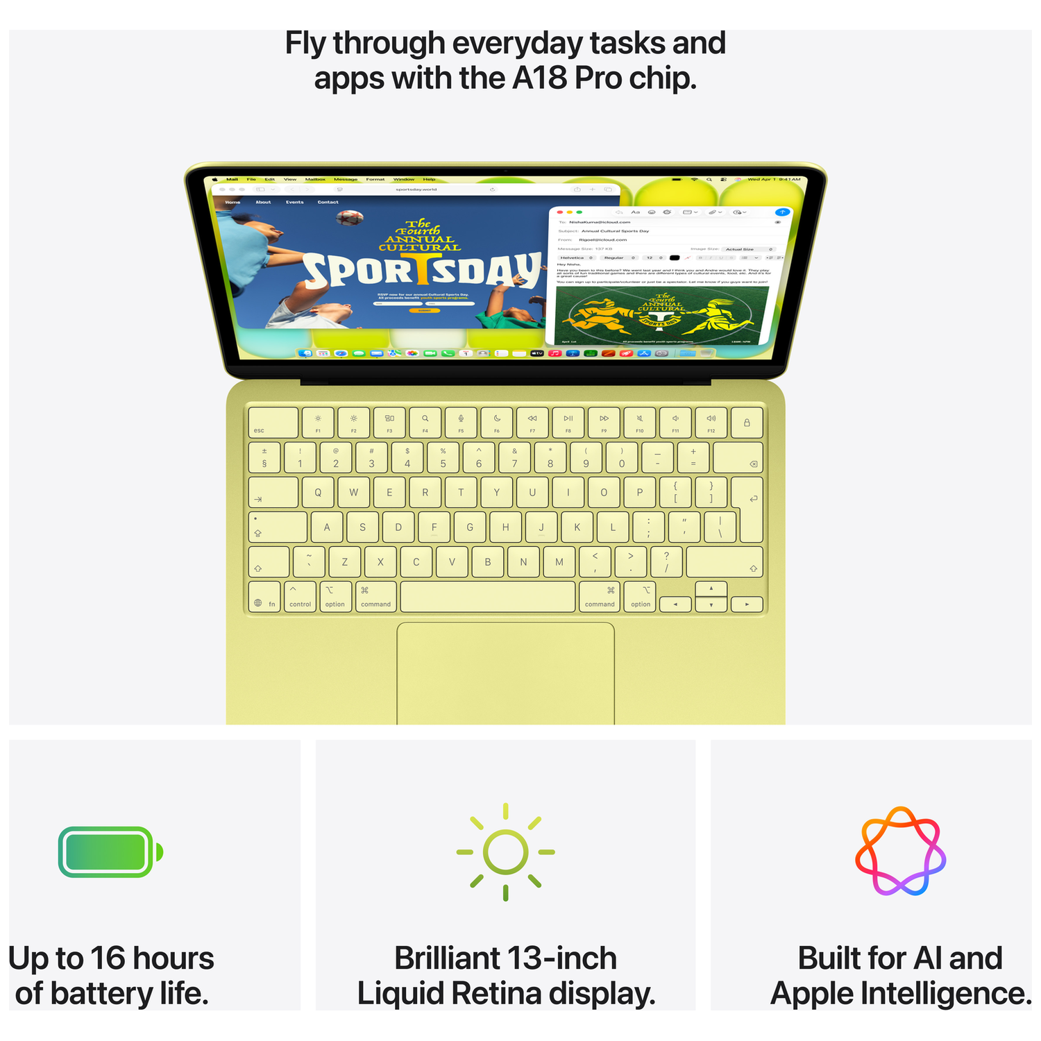 A light yellow MacBook with its display open showing a webpage. Below are three icons with text.