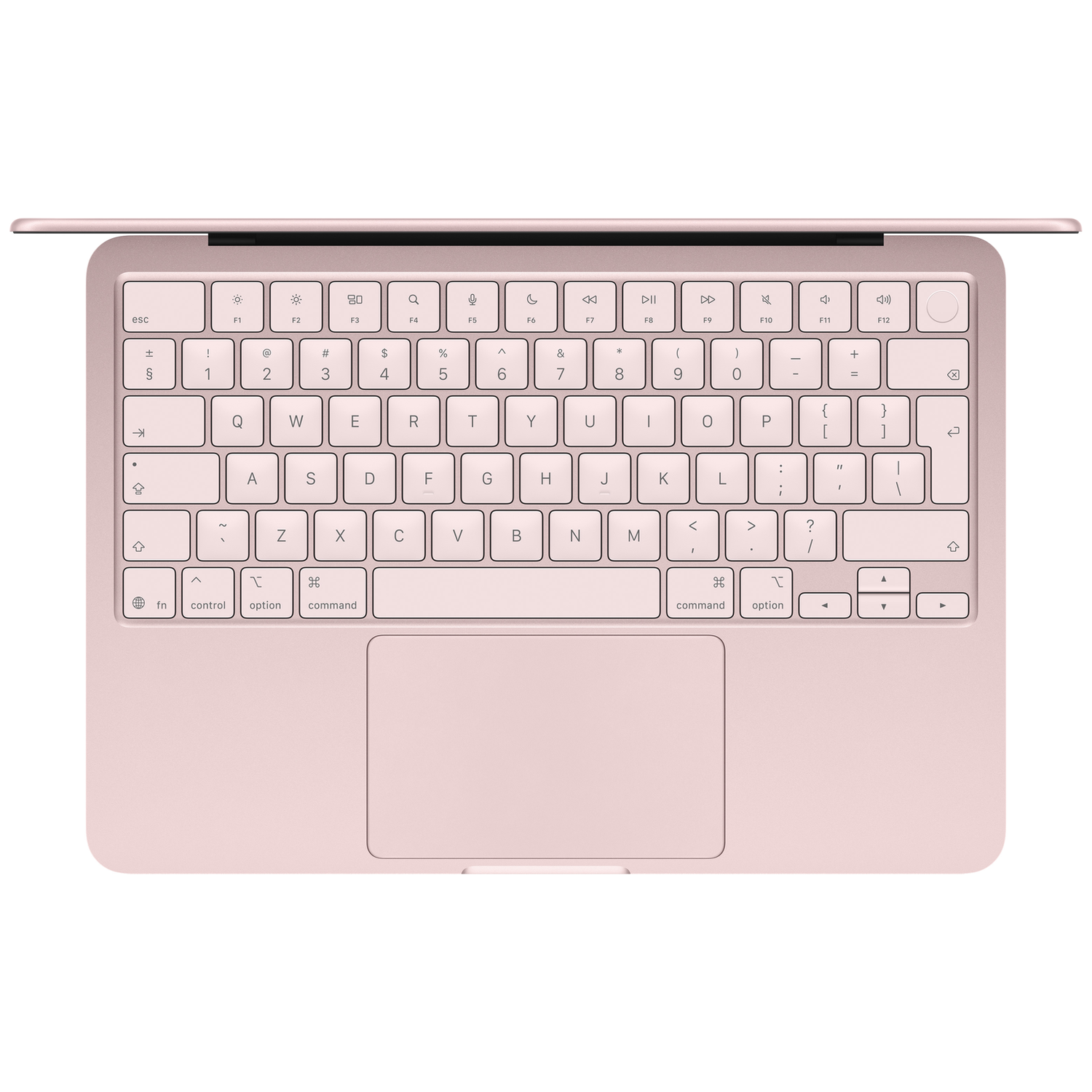 A pink Apple MacBook Air keyboard and trackpad with white lettering.