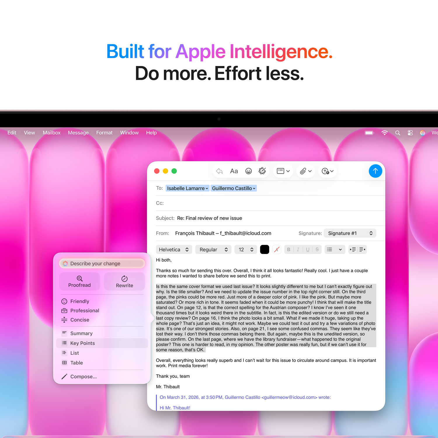 A bright pink background with a light pink email draft on a Mac.