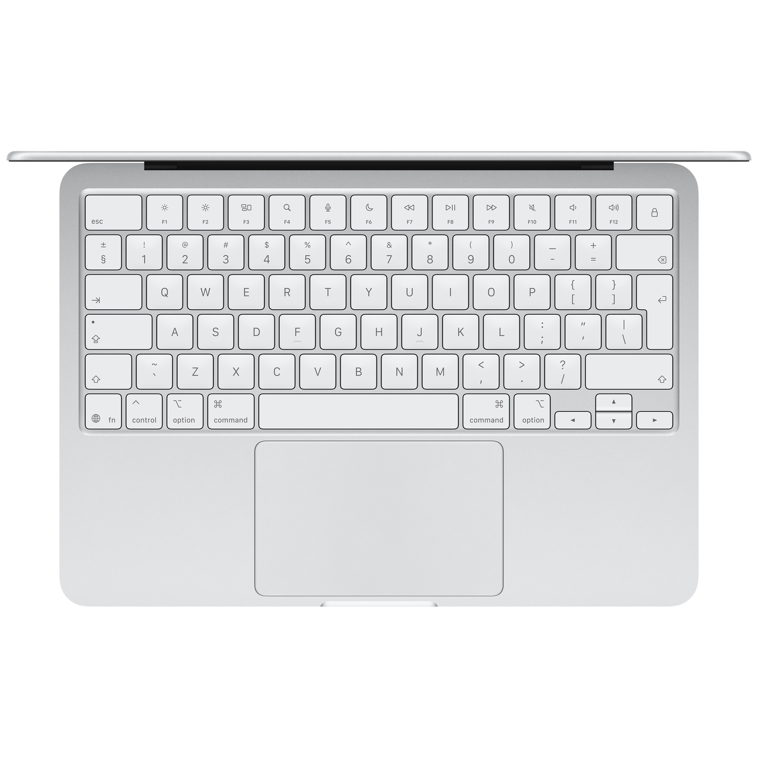 Close-up of a silver laptop keyboard and trackpad.
