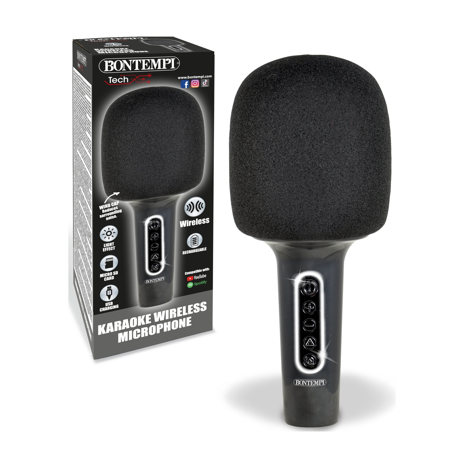 Un microfono karaoke Bontempi nero con antivento e pulsanti di controllo.
