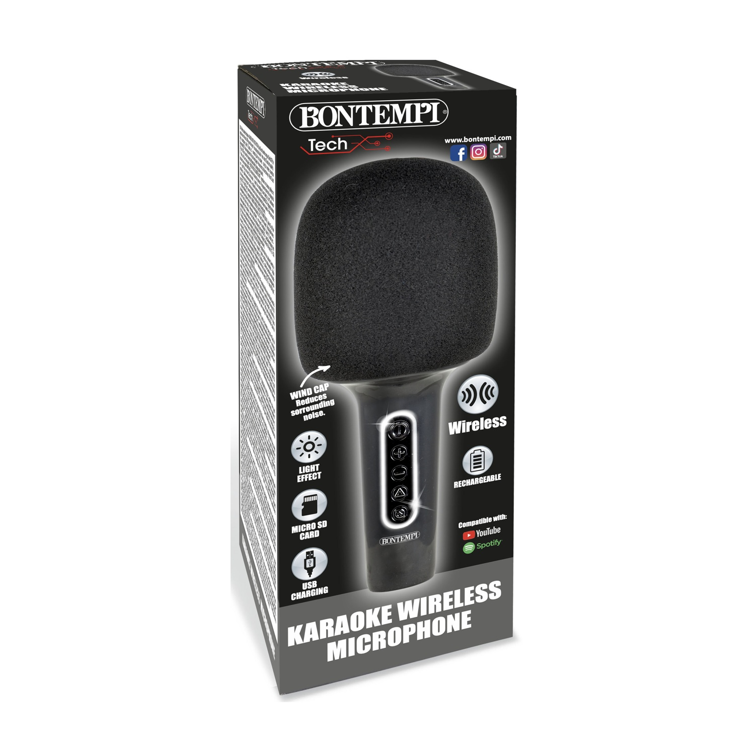 Microfono Karaoke Wireless Bontempi con antivento, effetto luce, micro SD, USB.