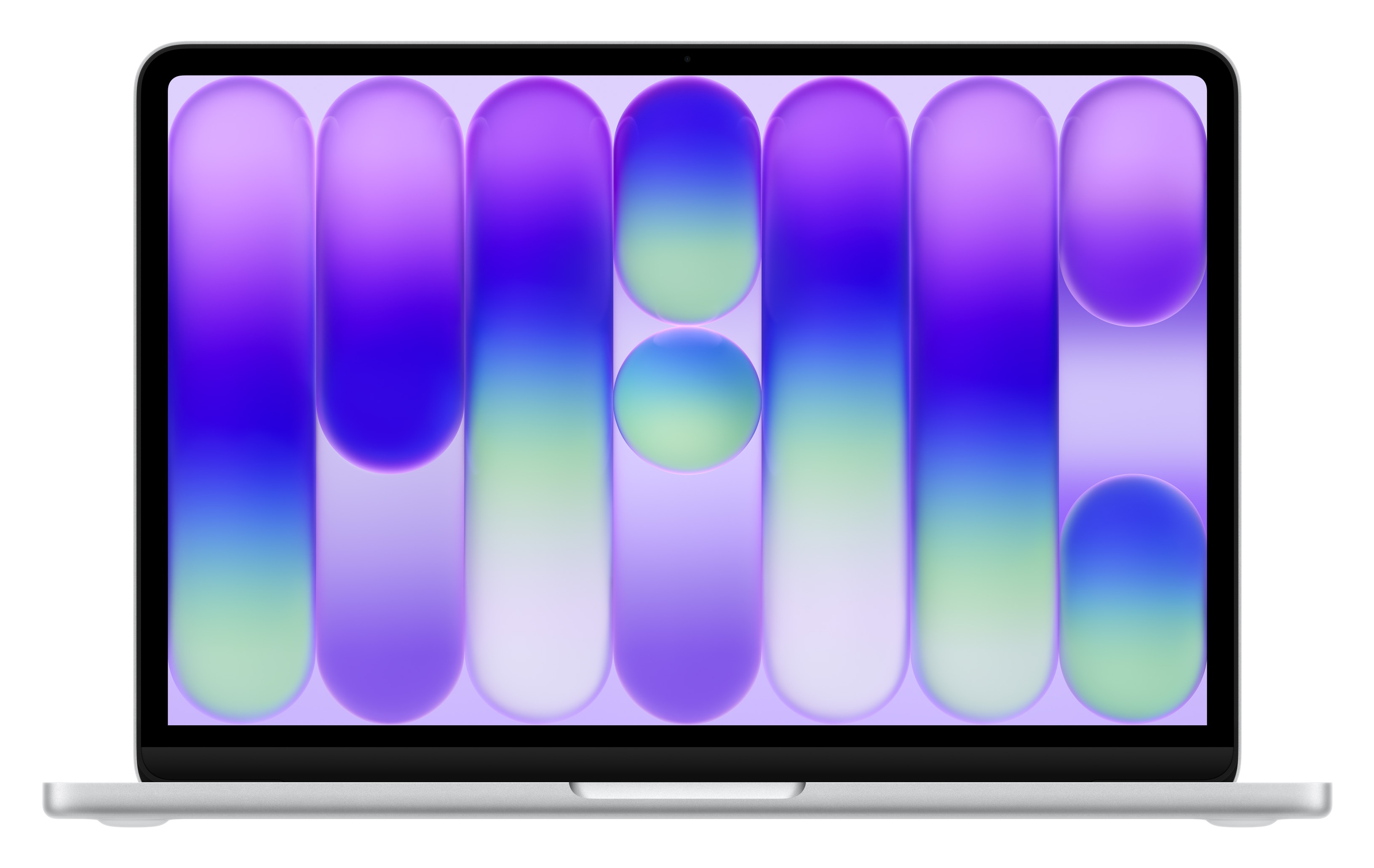 Srebrny laptop wyświetla kolorowe tło z gradientami fioletu, błękitu i zieleni.