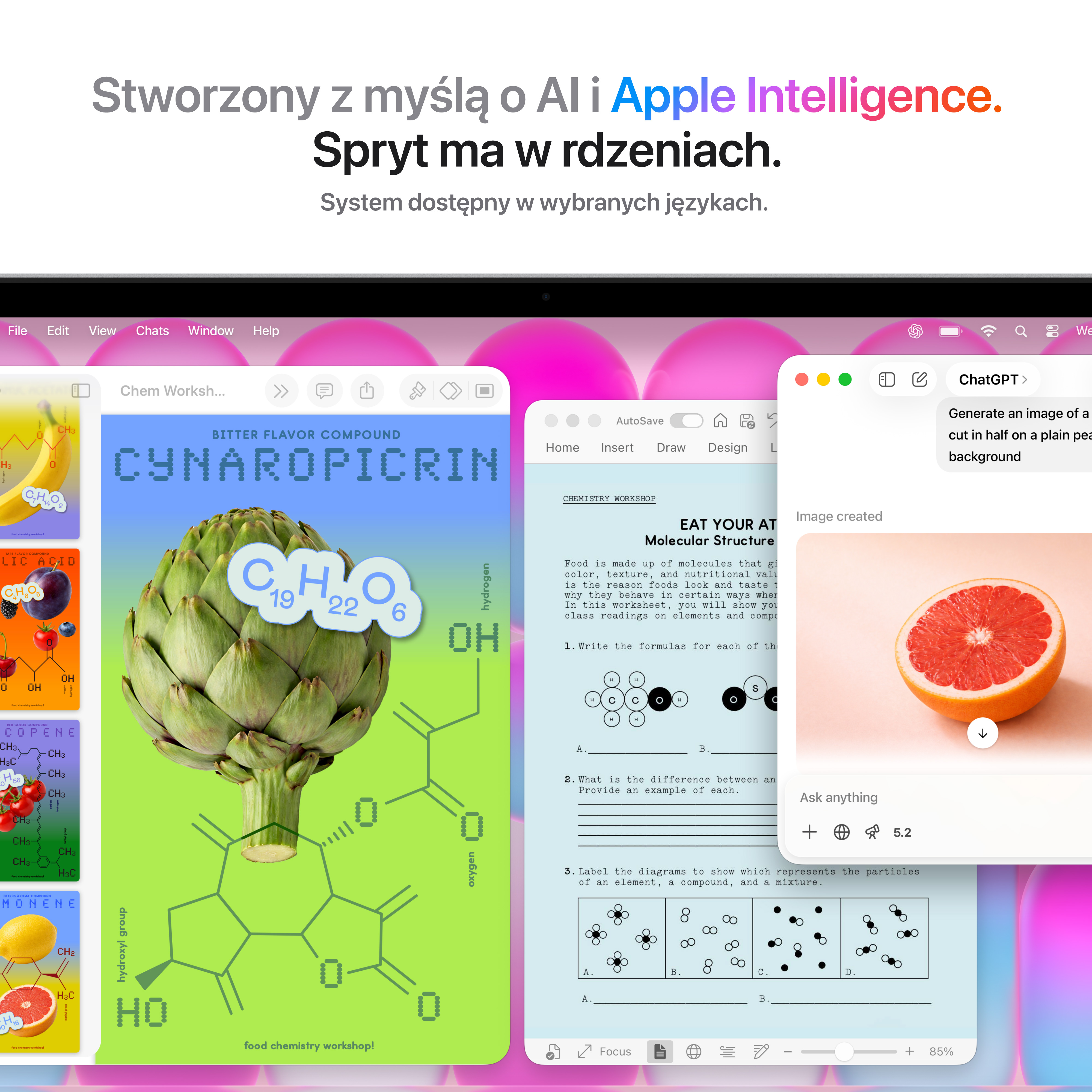 Laptop wyświetla trzy otwarte okna: karczoch, wzory chemiczne i okno ChatGPT.