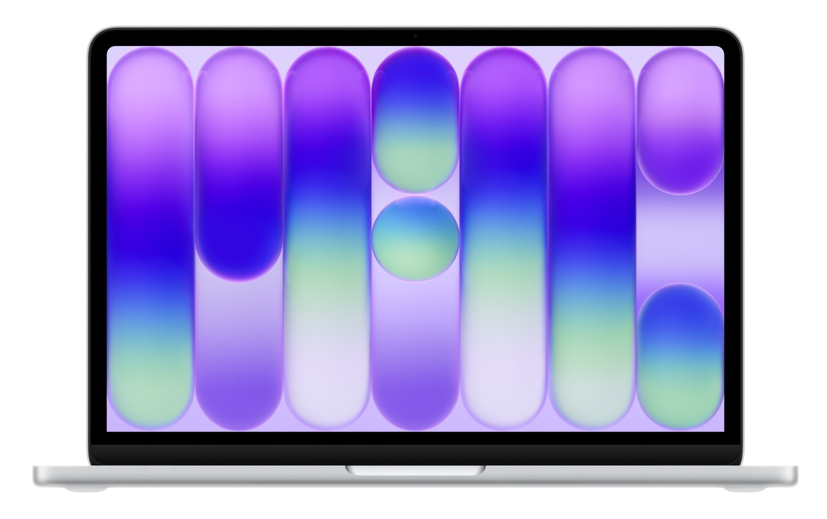 Laptop wyświetlający kolorowe tło gradientowe z zaokrąglonymi kształtami.