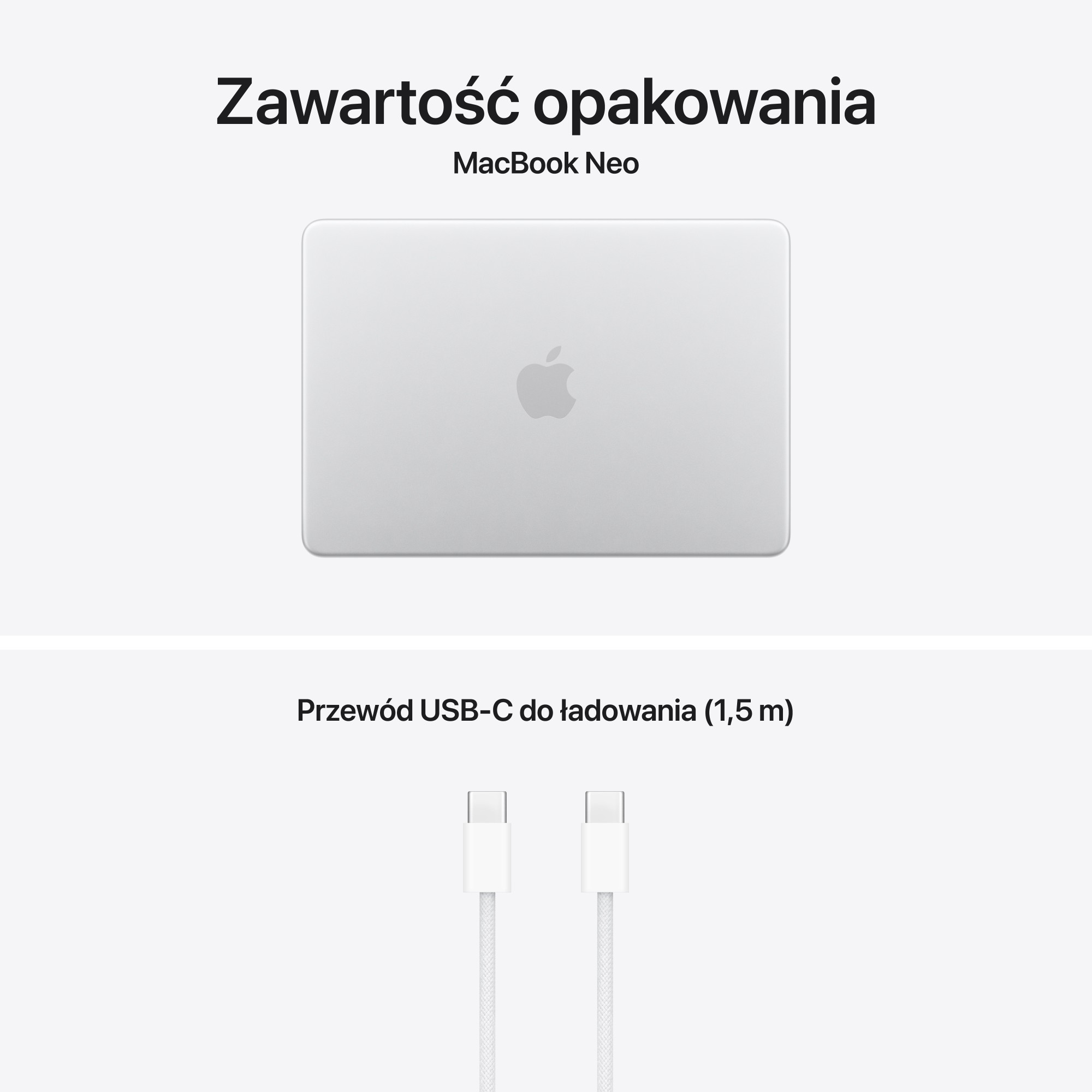 MacBook Neo i biały kabel ładujący USB-C.