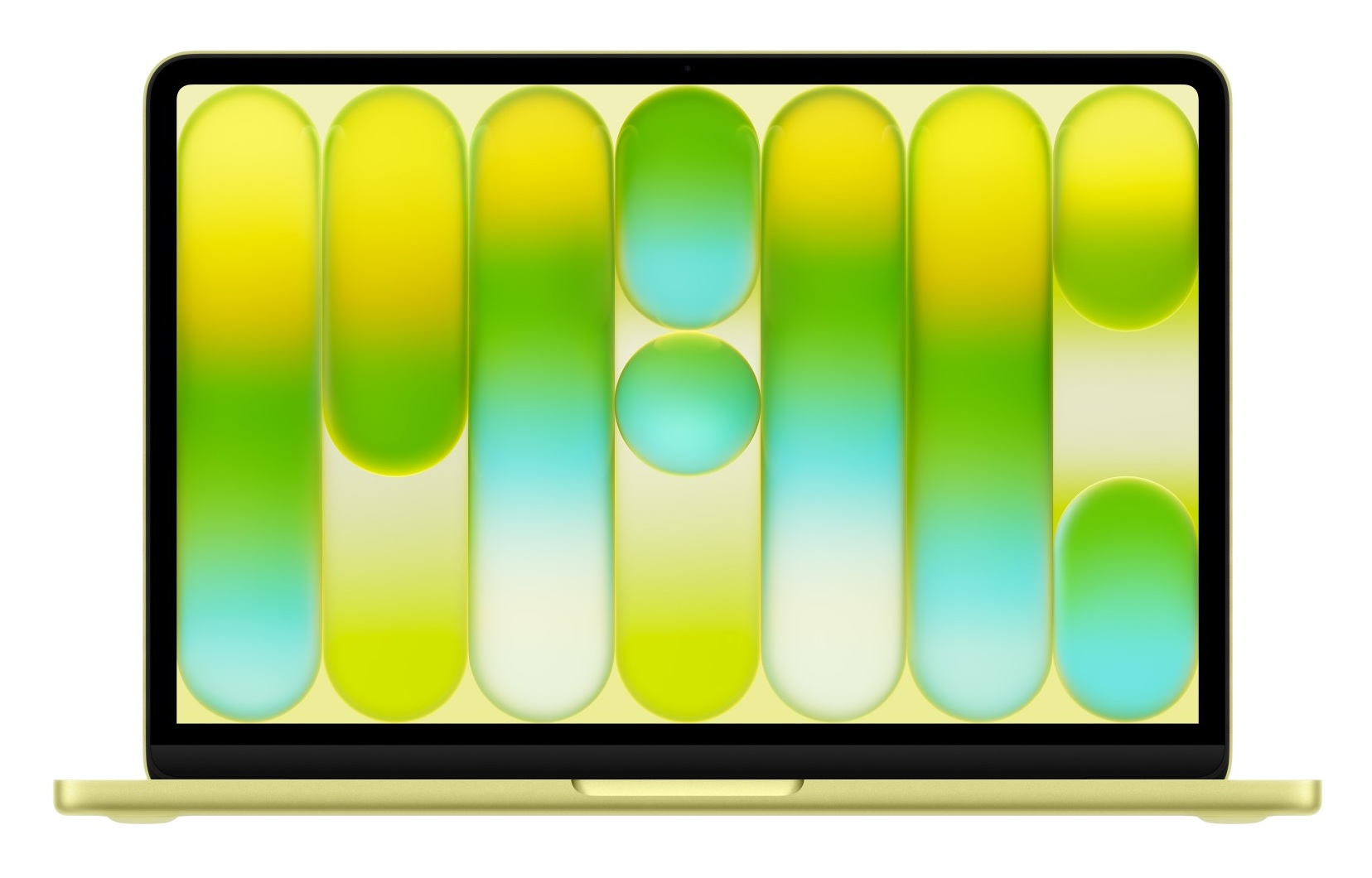 Żółty laptop wyświetlający kolorową, abstrakcyjną tapetę.