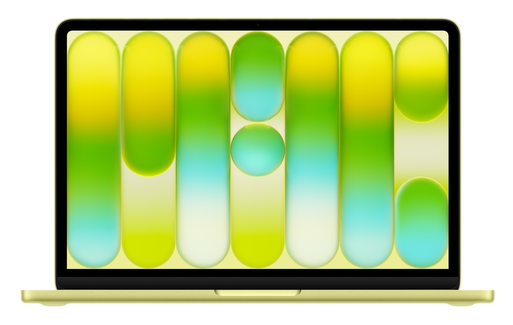 Jasnożółty laptop z kolorową tapetą pionowych pasków.