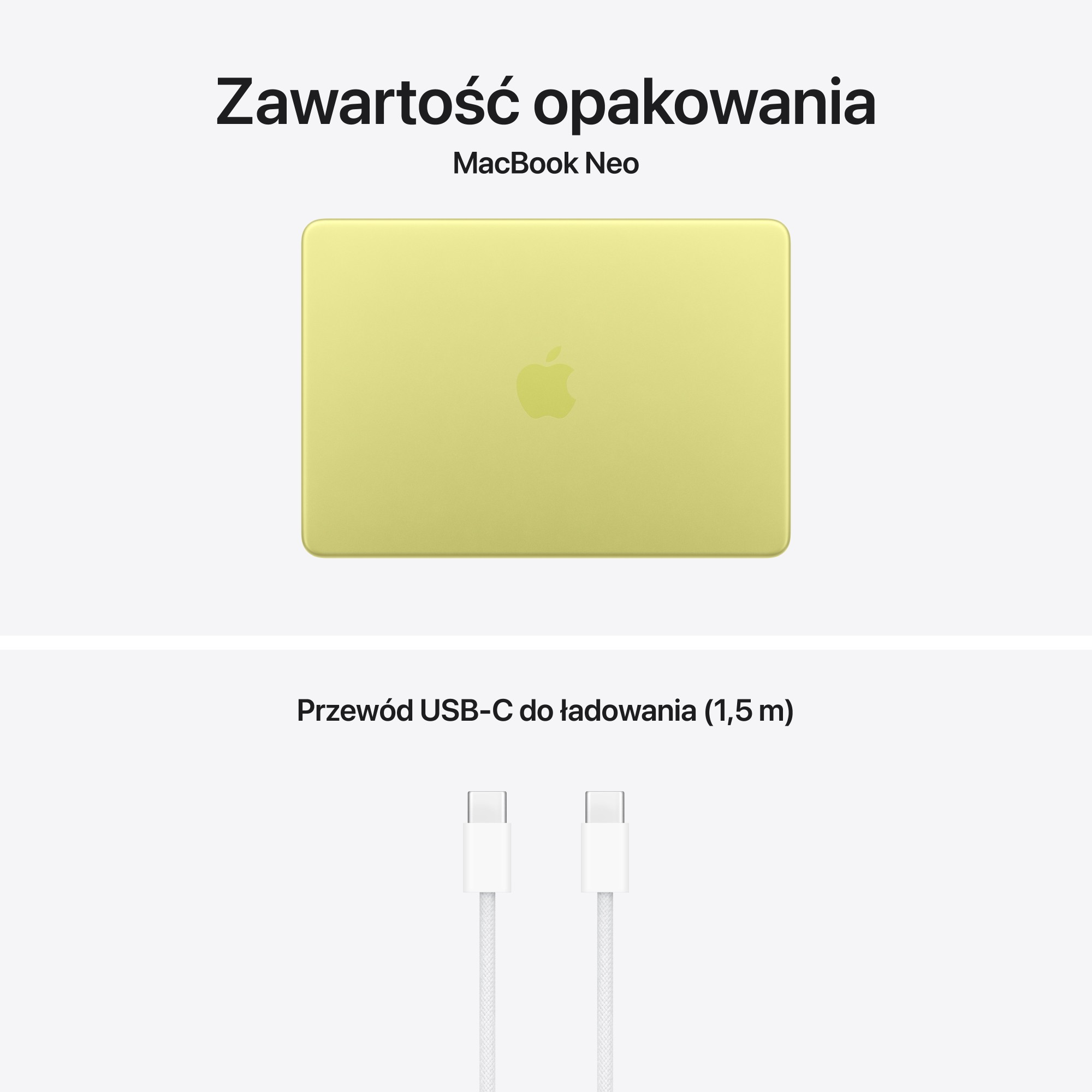 Żółty MacBook Neo i biały kabel ładujący USB-C.