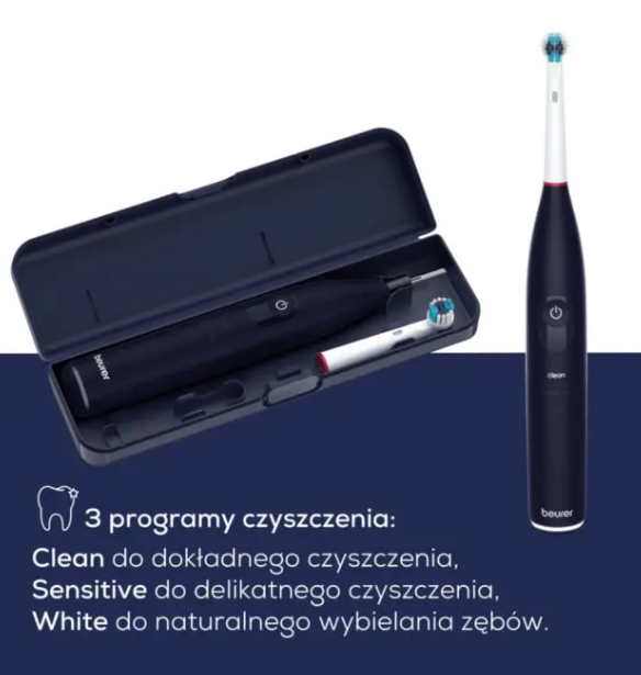 Ciemnoniebieska szczoteczka elektryczna z etui ładującym i zapasową końcówką.