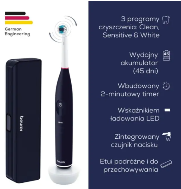 Ciemnoniebieski zestaw szczoteczki elektrycznej z ładowarką i etui podróżnym.