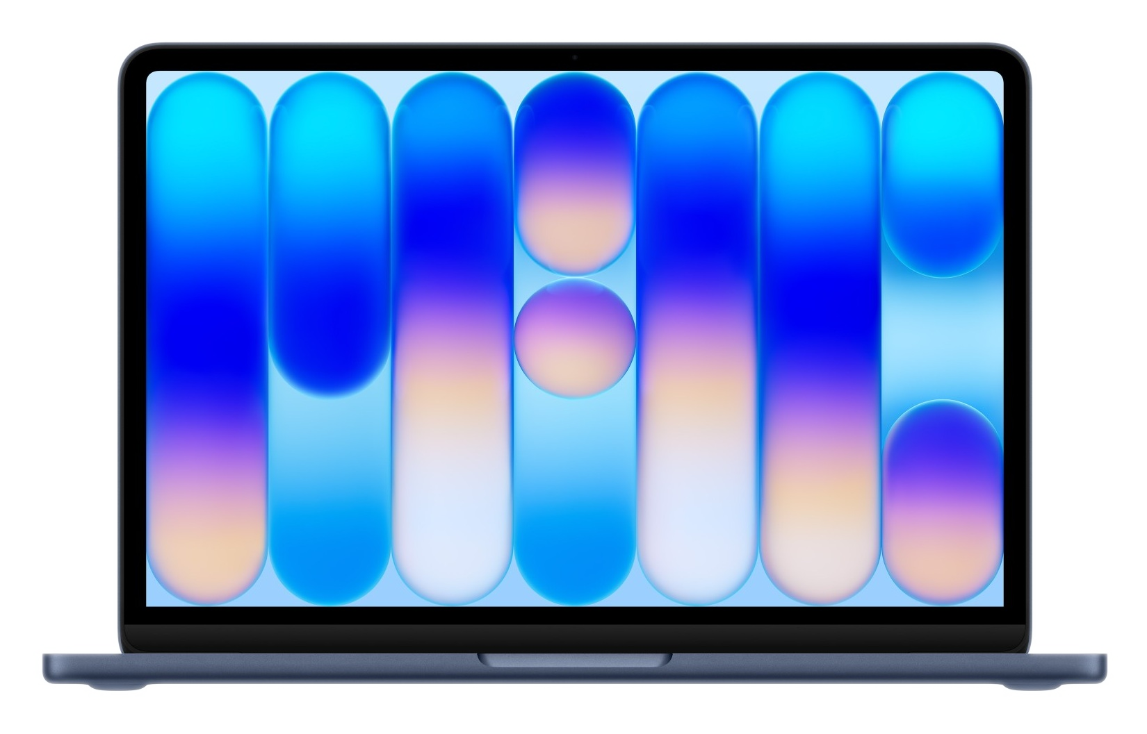 Niebieski laptop z kolorową tapetą z pionowych pasków gradientu.