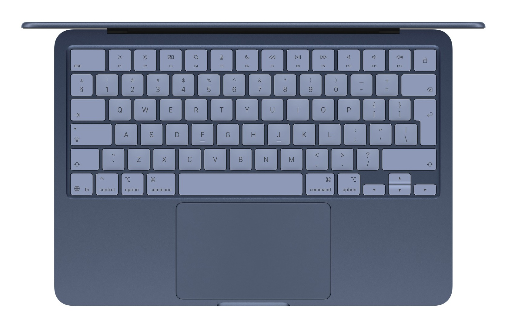 Widok z góry niebieskiej klawiatury z gładzikiem poniżej.