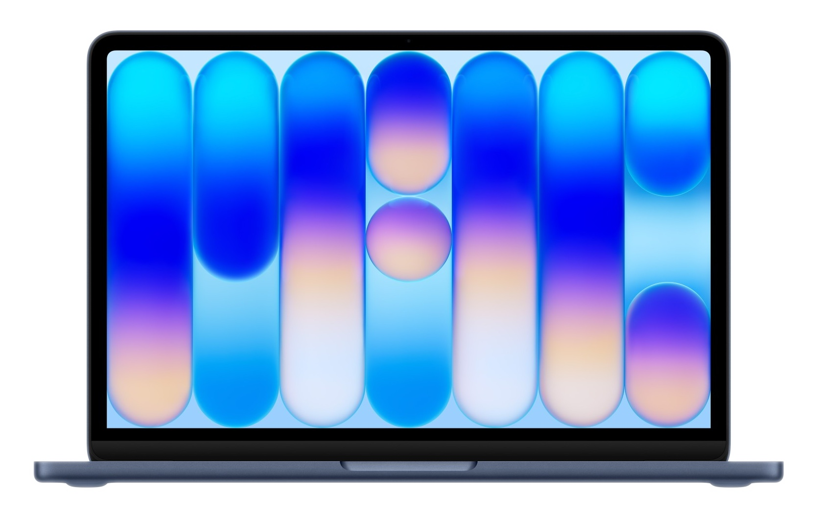 Niebieski laptop wyświetla kolorowe, abstrakcyjne tło z pionowymi pasami.