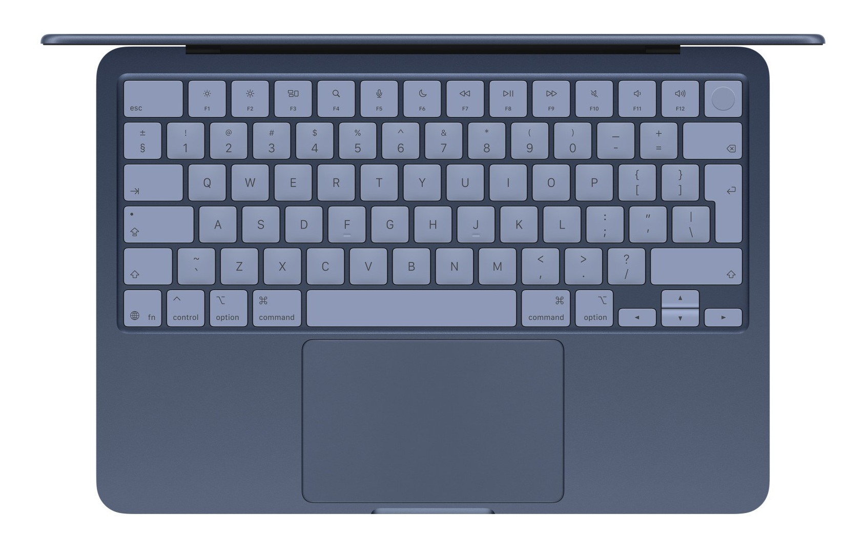 Widok z góry niebieskiej klawiatury laptopa z touchpadem i jasnymi klawiszami.