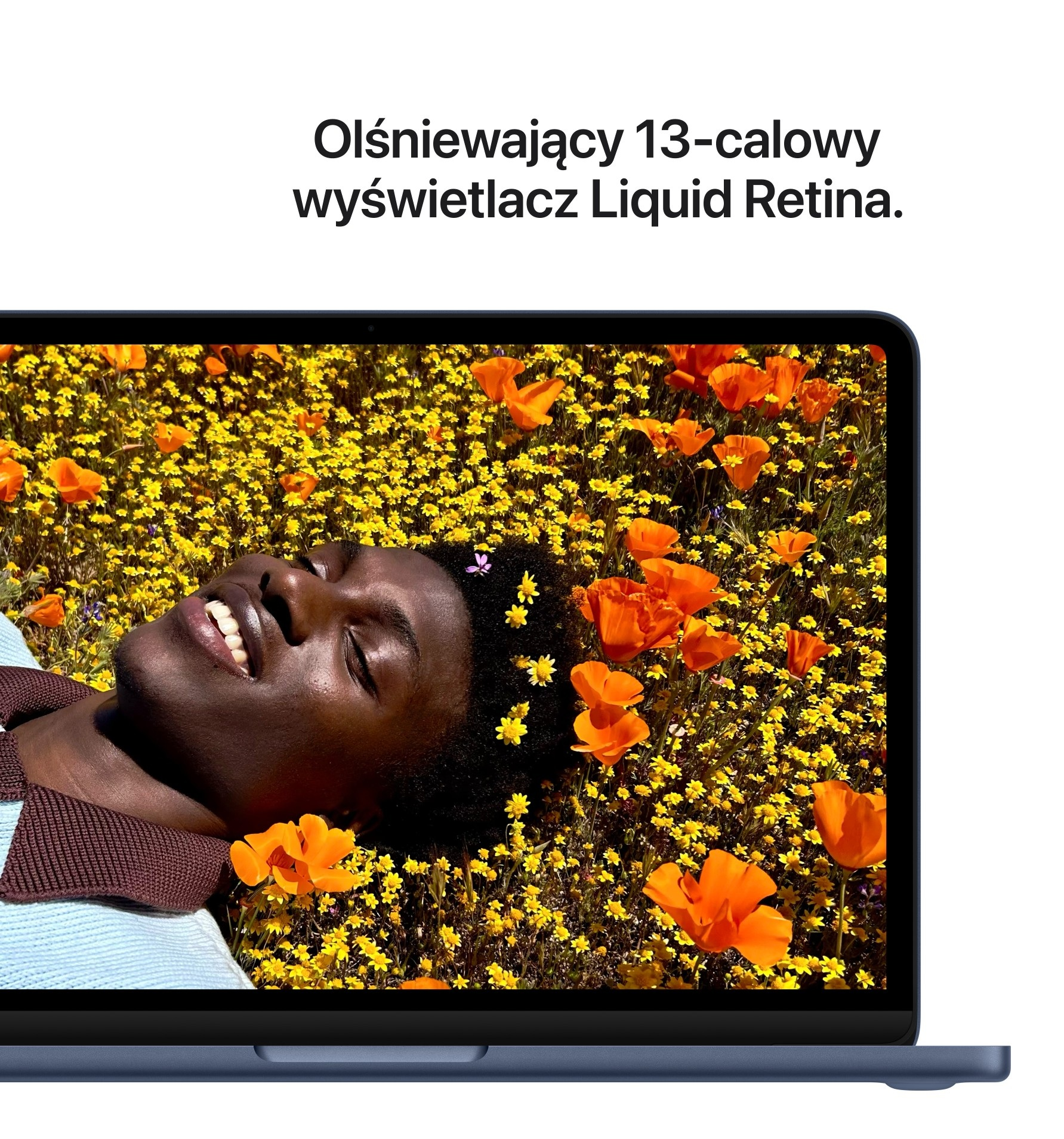 Mężczyzna leży w polu żółtych i pomarańczowych kwiatów, z twarzą odwróconą na bok.