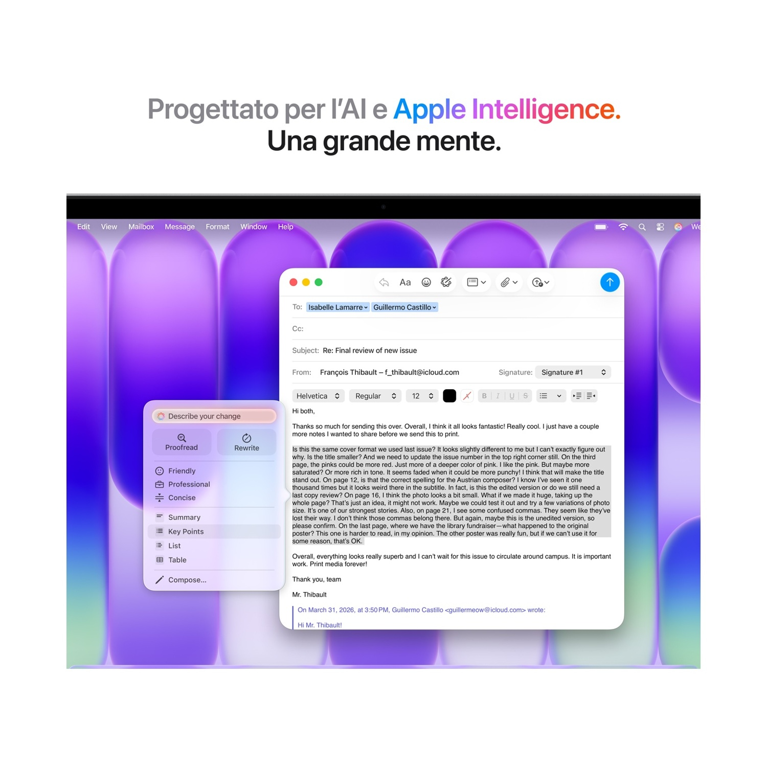 Una bozza di email su sfondo viola con il titolo "Progettato per l'Al e Apple Intelligence."