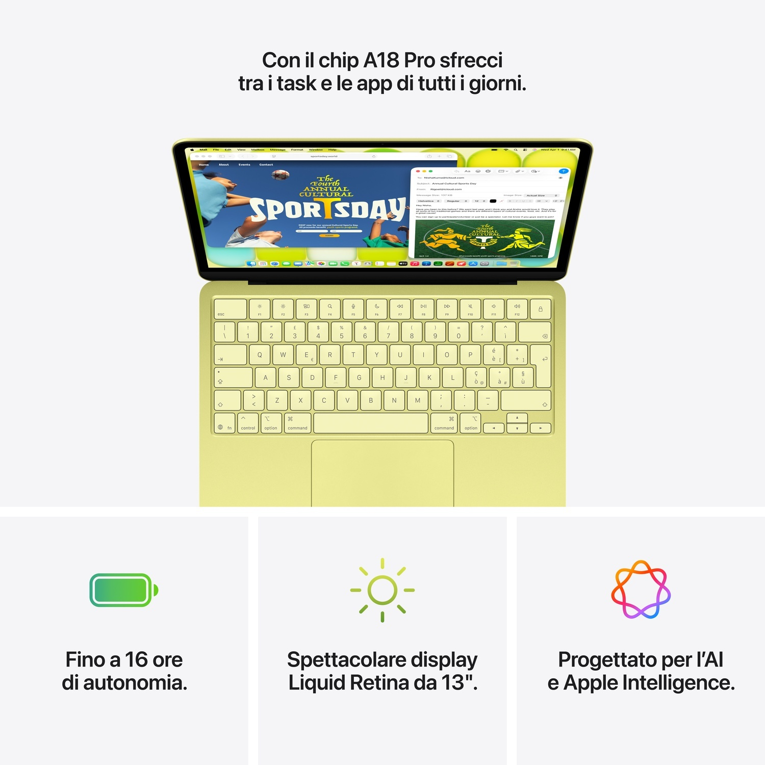Un MacBook giallo brillante con chip A18 Pro che mostra 'Sport Day'.