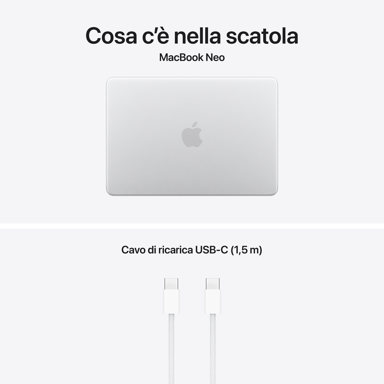 Un MacBook Neo argentato e un cavo di ricarica USB-C bianco con due connettori.