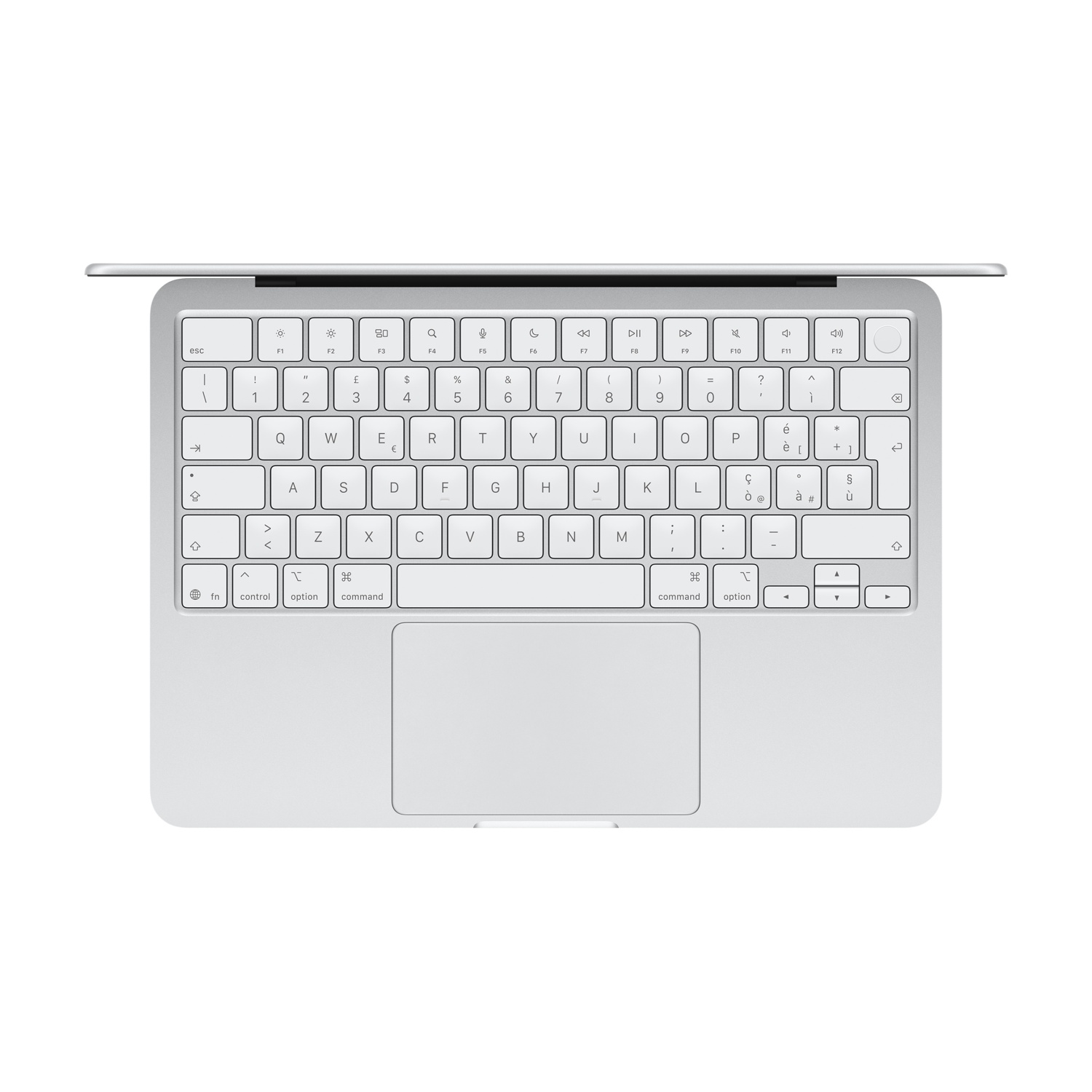 MacBook argentato con tastiera e touchpad aperti.