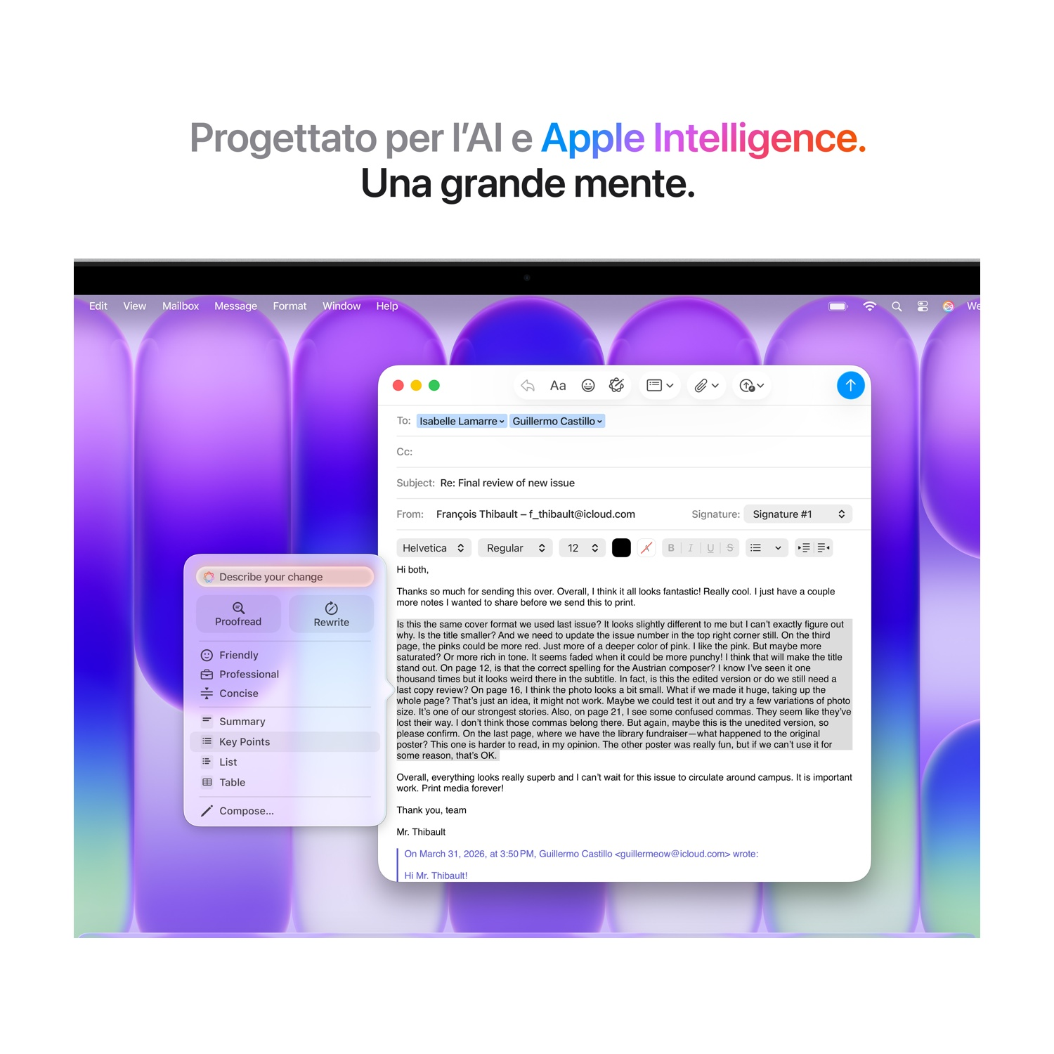 Finestra email con bozza e strumenti di modifica. Sfondo viola e blu.