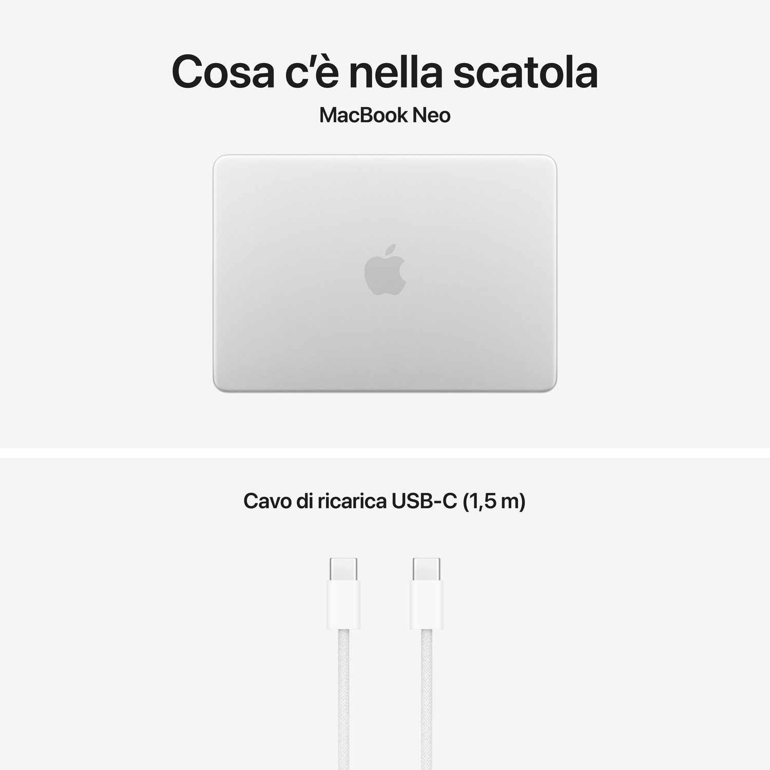 Un MacBook Neo e un cavo di ricarica USB-C bianco.