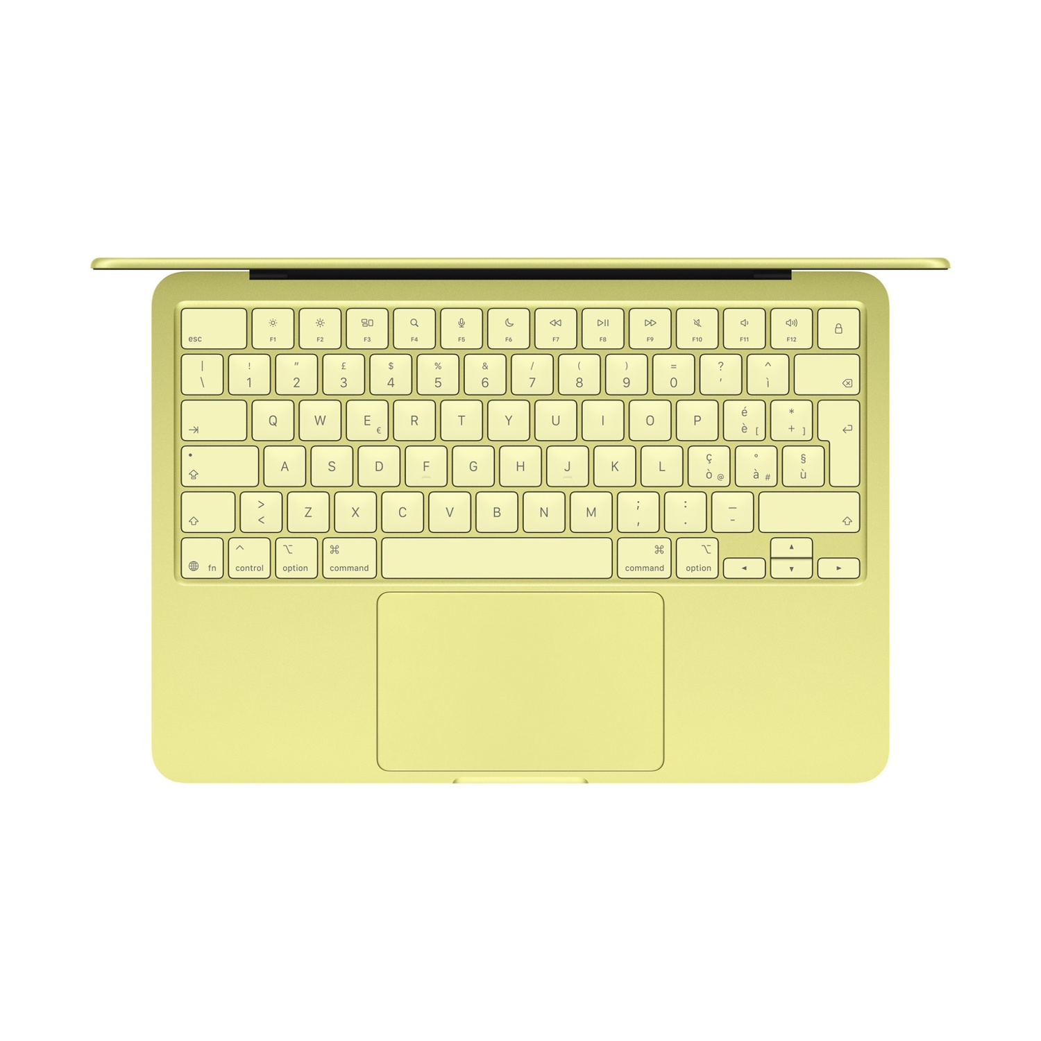 Una tastiera per laptop giallo chiaro con trackpad, vista dall'alto.