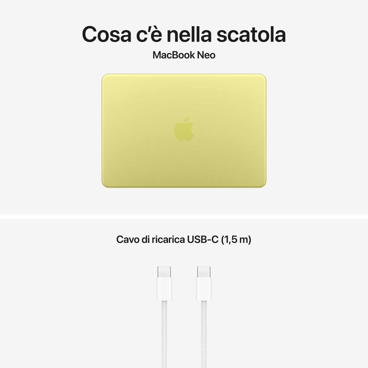 Un MacBook Neo verde chiaro e un cavo di ricarica USB-C bianco.