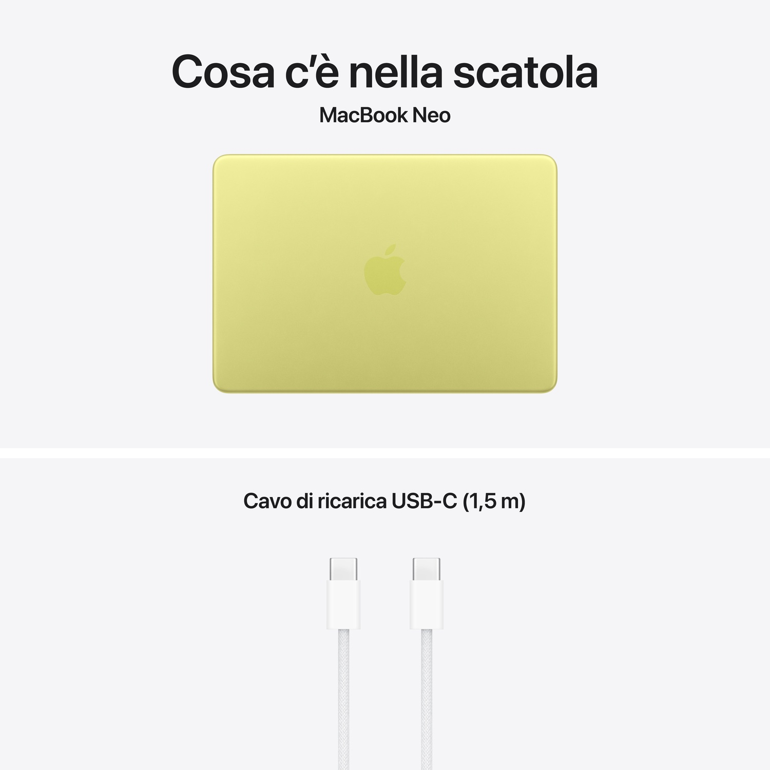 Un MacBook Neo giallo chiaro e un cavo di ricarica USB-C bianco.