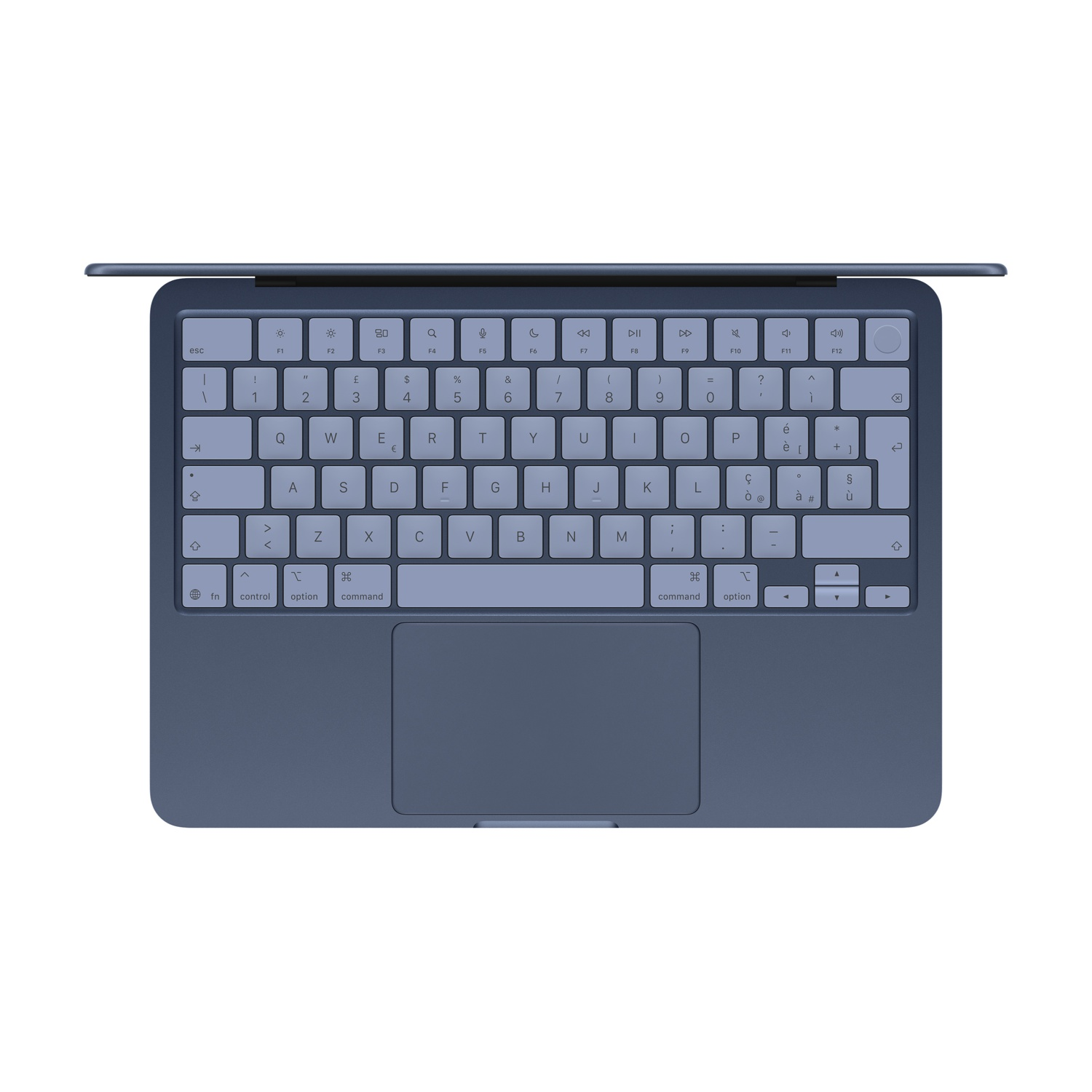 Una tastiera e un trackpad per laptop blu con tasti e simboli bianchi.