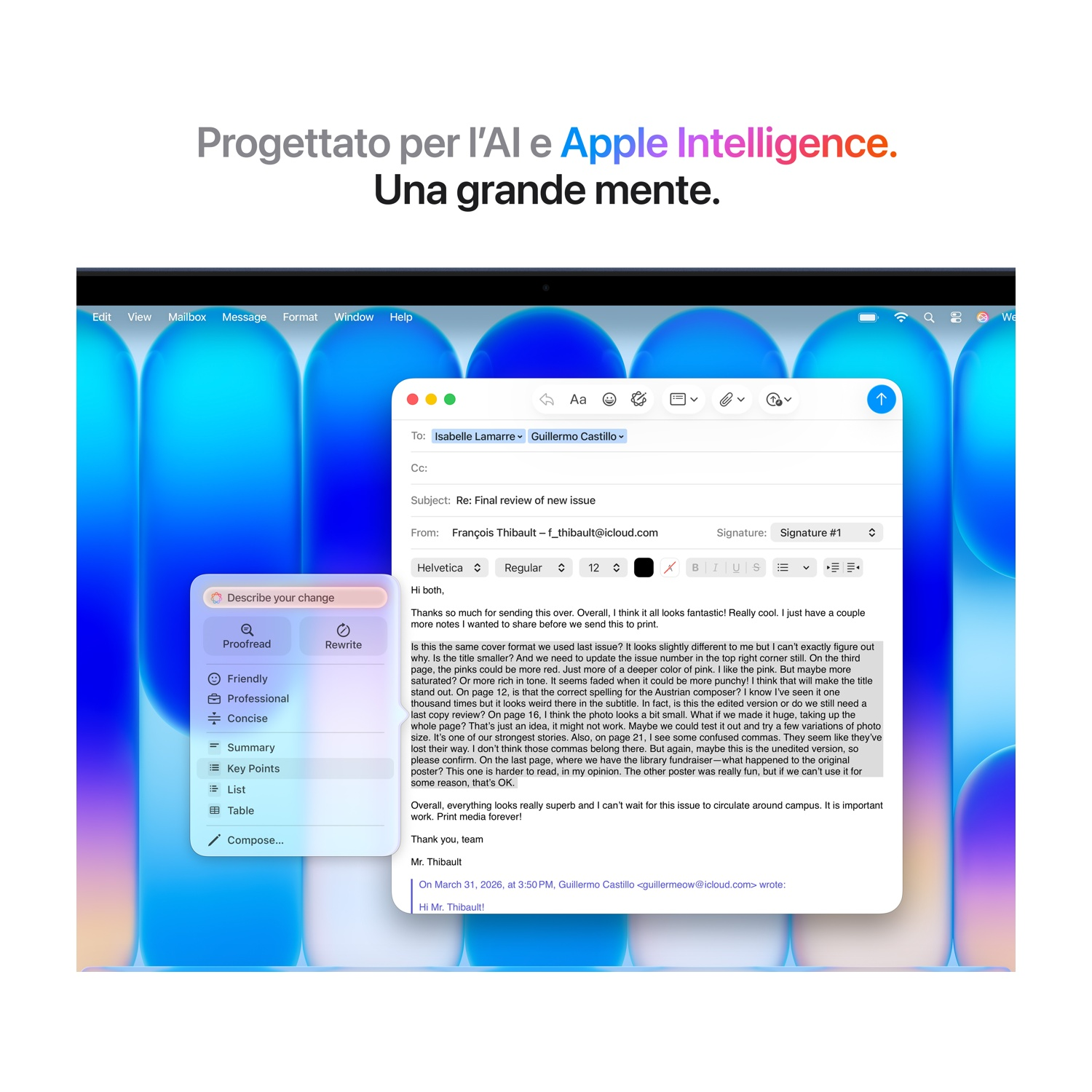 Una finestra email con testo e opzioni di modifica su sfondo blu.