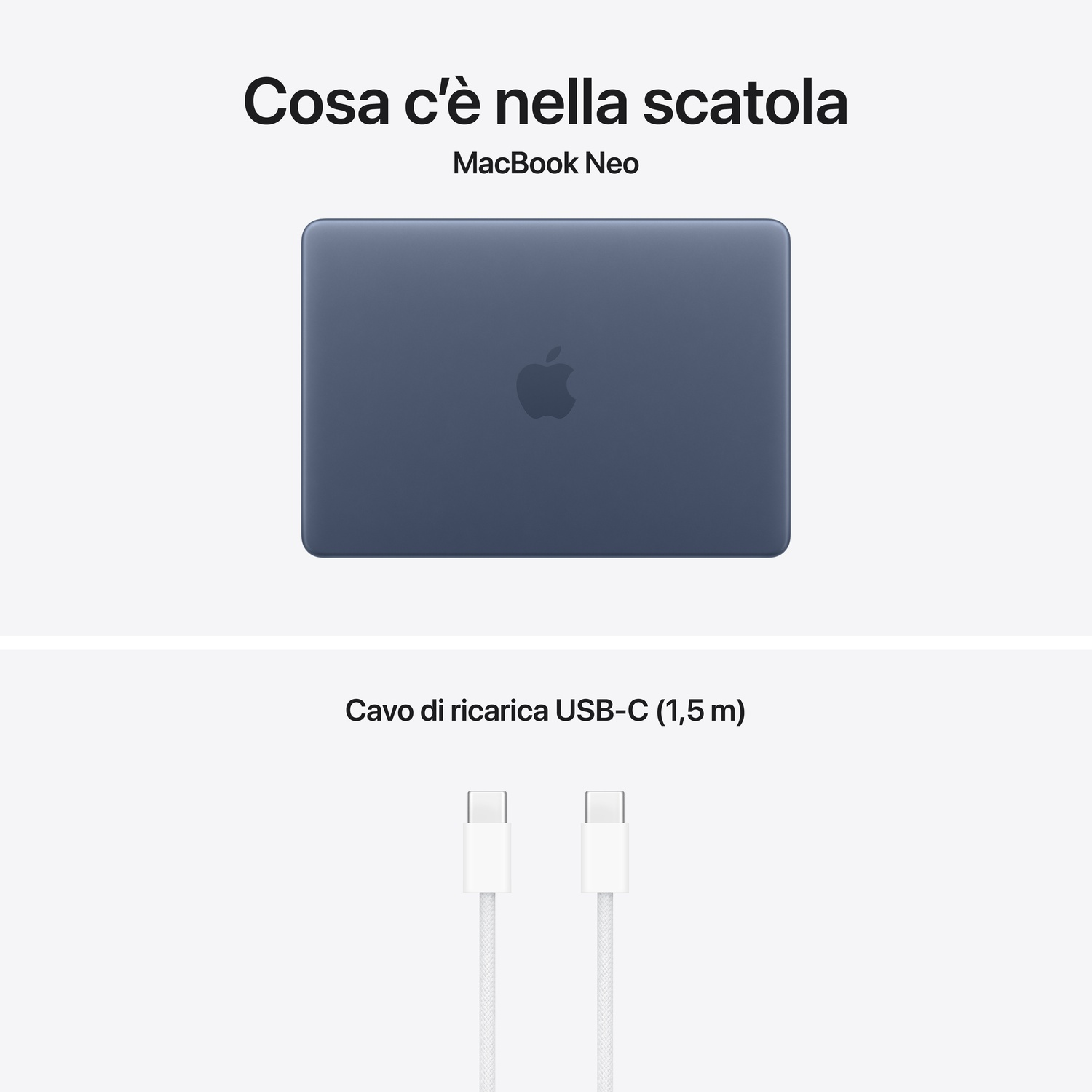 Un MacBook Neo blu scuro e un cavo di ricarica USB-C bianco.