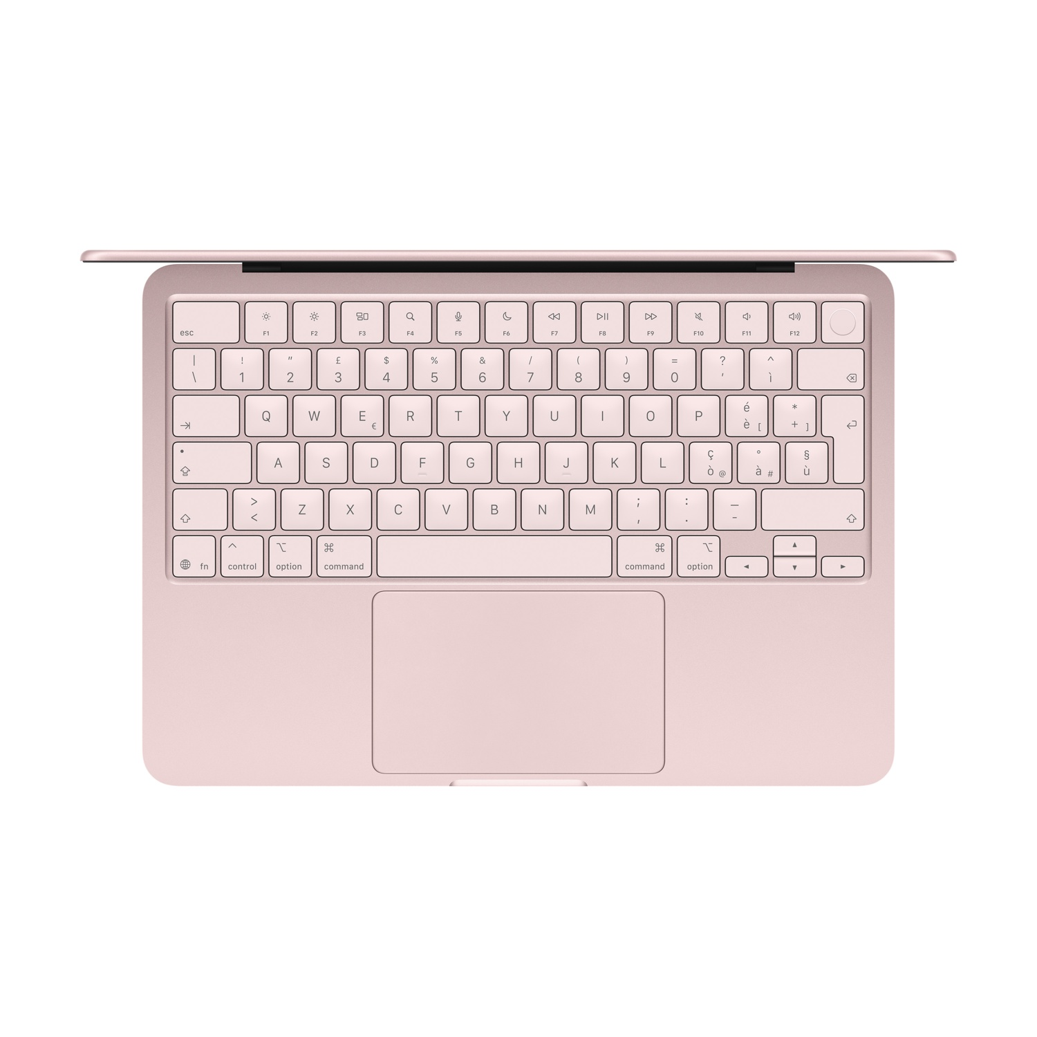 Un laptop rosa con il coperchio aperto, tastiera e trackpad visibili.