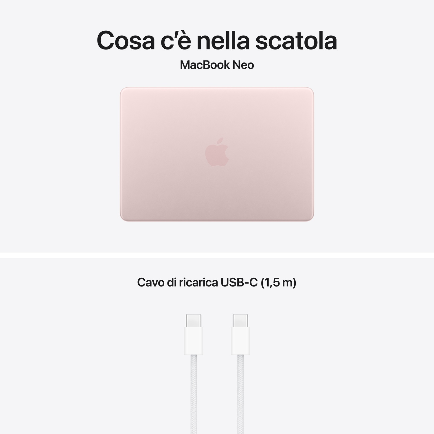 Un MacBook Neo oro rosa e un cavo di ricarica USB-C bianco.