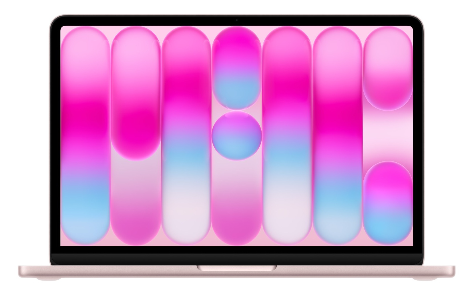 Różowo-złoty laptop z kolorowym tłem pionowych zaokrąglonych pasów.