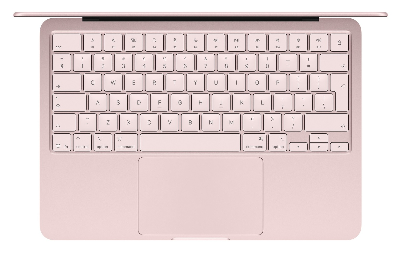 Klawiatura laptopa w kolorze różowego złota i gładzik widziane z góry.