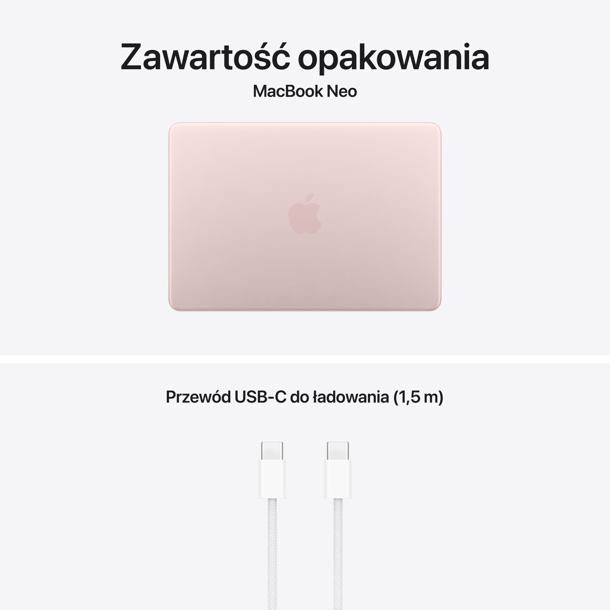 Różowo-złoty MacBook Neo i dwa białe kable ładujące USB-C.