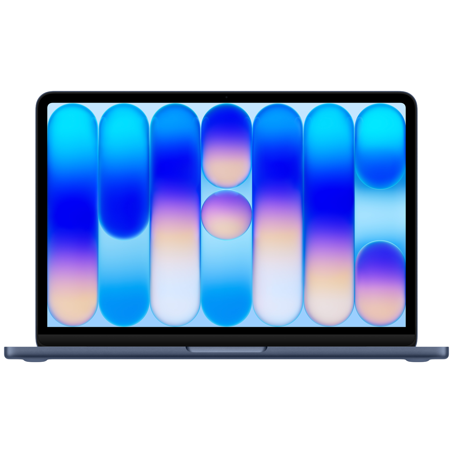 Een blauwe laptop met een abstracte blauw-witte achtergrond.