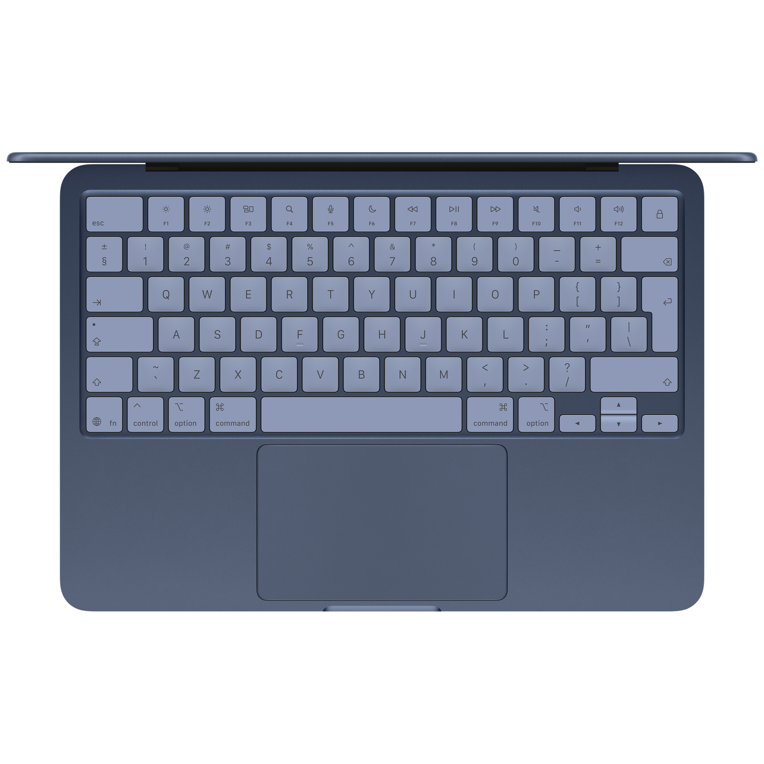 Een blauw toetsenbord met een trackpad. De toetsen zijn lichtblauw en hebben symbolen.