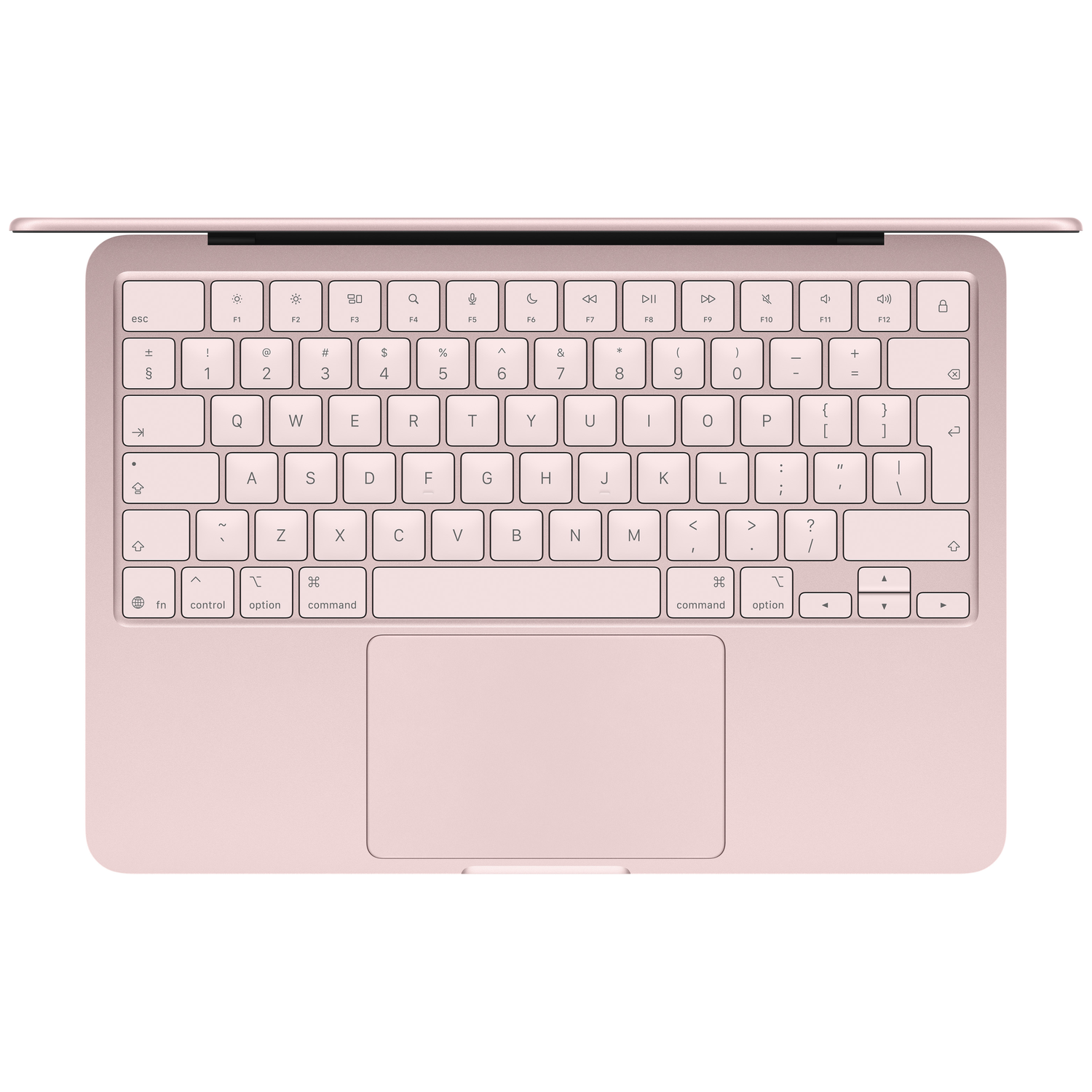 Een roze laptop toetsenbord en trackpad, van bovenaf gezien.