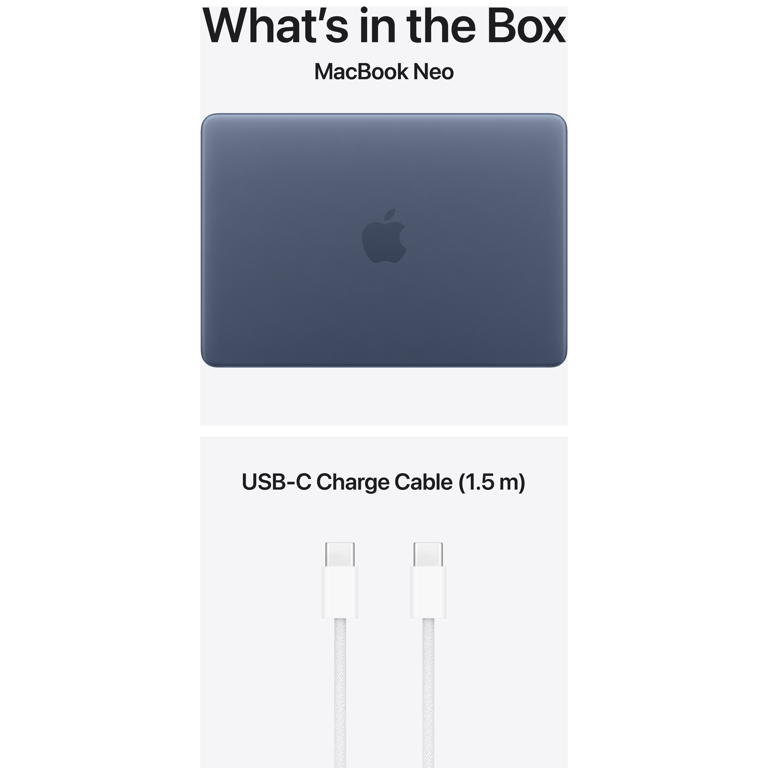 Een donkerblauwe MacBook Neo laptop en een witte USB-C oplaadkabel.