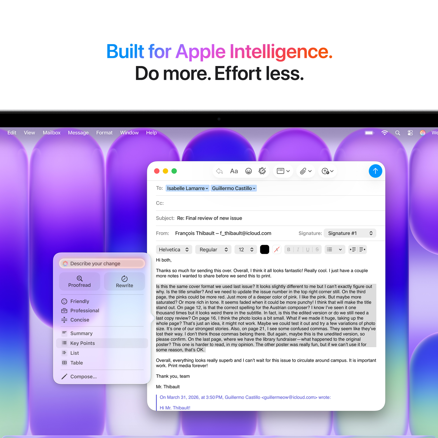 Apple Intelligence tekst boven een Mac-scherm met e-mailinterface.